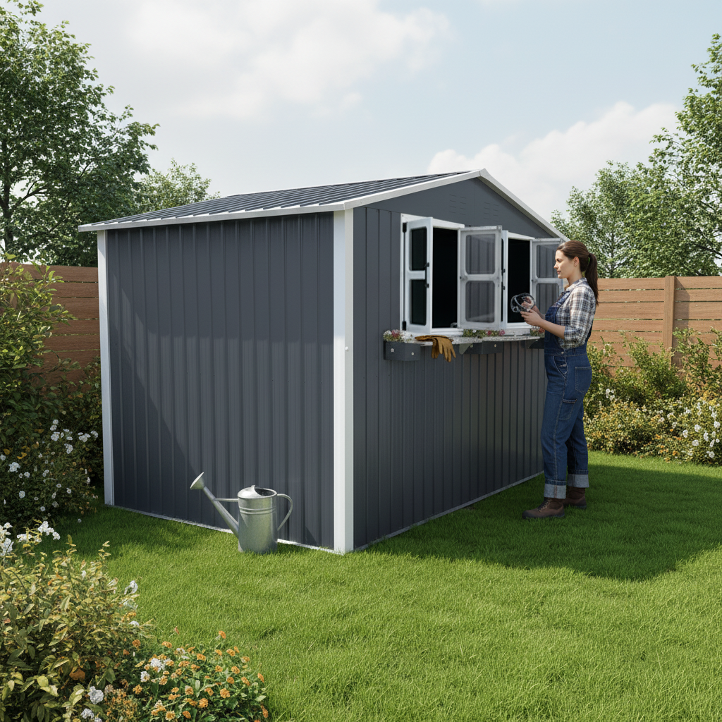 9x6 FT Metal Storage Shed – Lockable Doors, Window & Flower Rack, Coal Gray