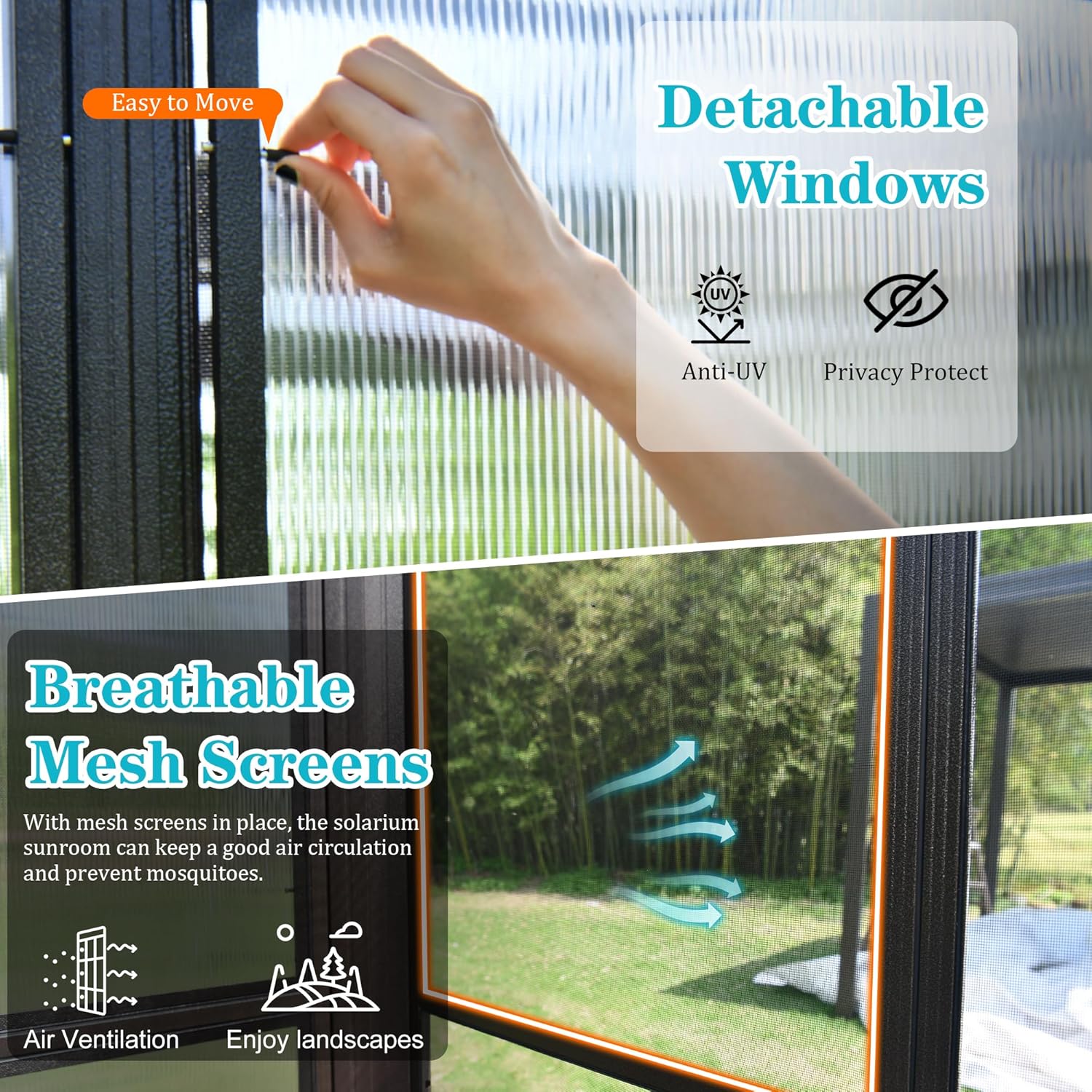12x16FT All Season Sunroom with Detachable Polycarbonate Windows