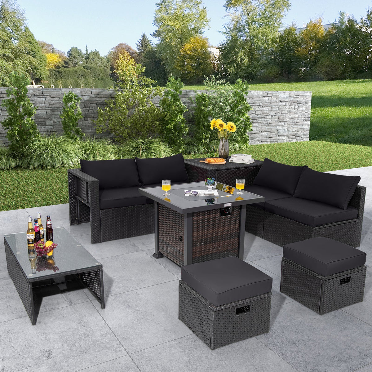 9 Pieces Patio Furniture Set with 32” Fire Pit Table and 50000 BTU Square Propane Fire Pit