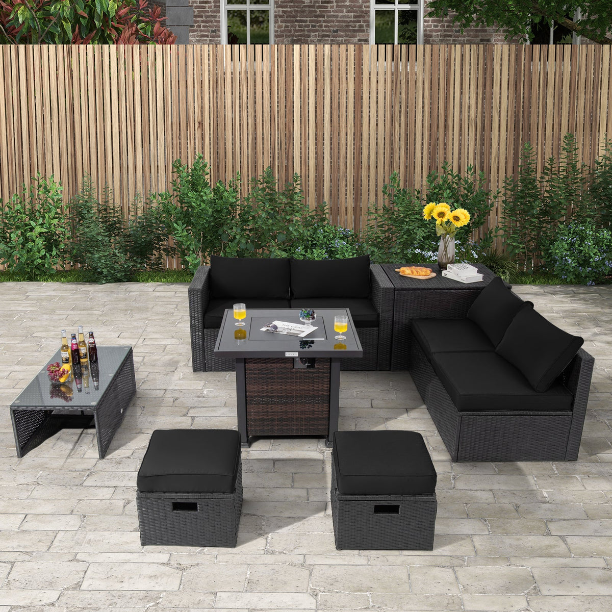 9 Pieces Patio Furniture Set with 32” Fire Pit Table and 50000 BTU Square Propane Fire Pit