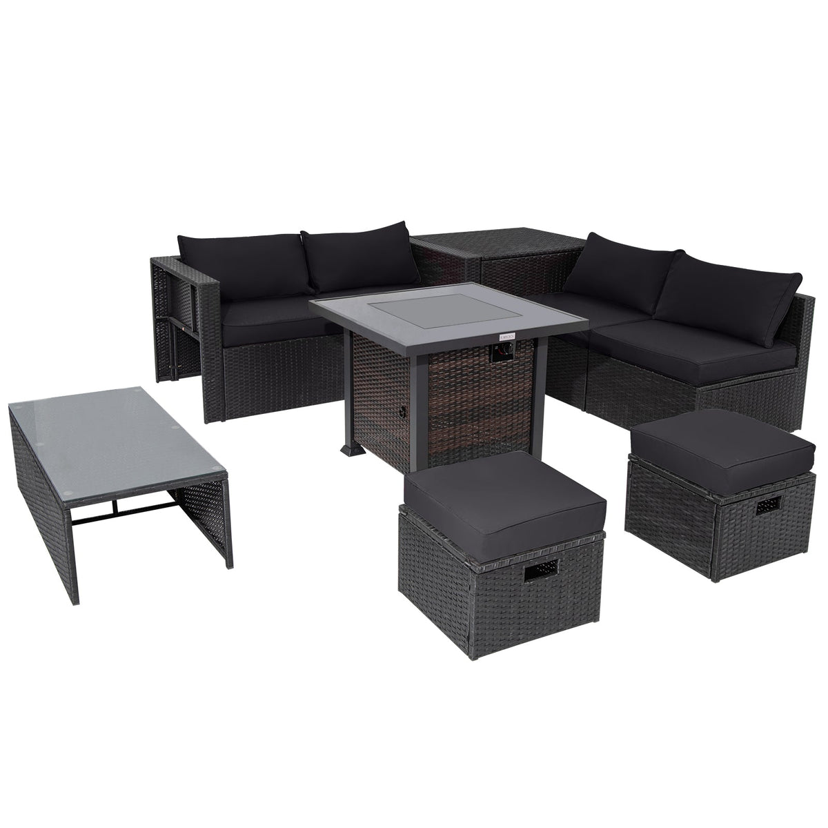 9 Pieces Patio Furniture Set with 32” Fire Pit Table and 50000 BTU Square Propane Fire Pit