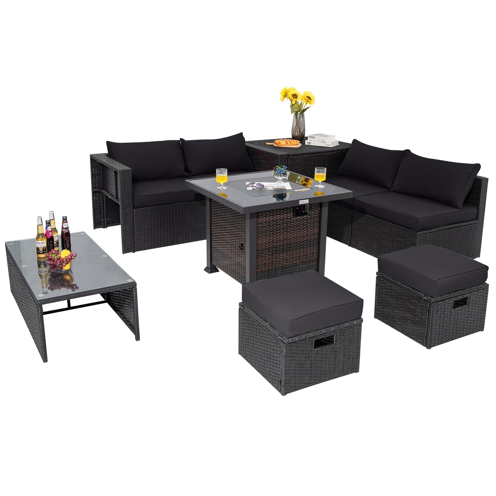 9 Pieces Patio Furniture Set with 32” Fire Pit Table and 50000 BTU Square Propane Fire Pit