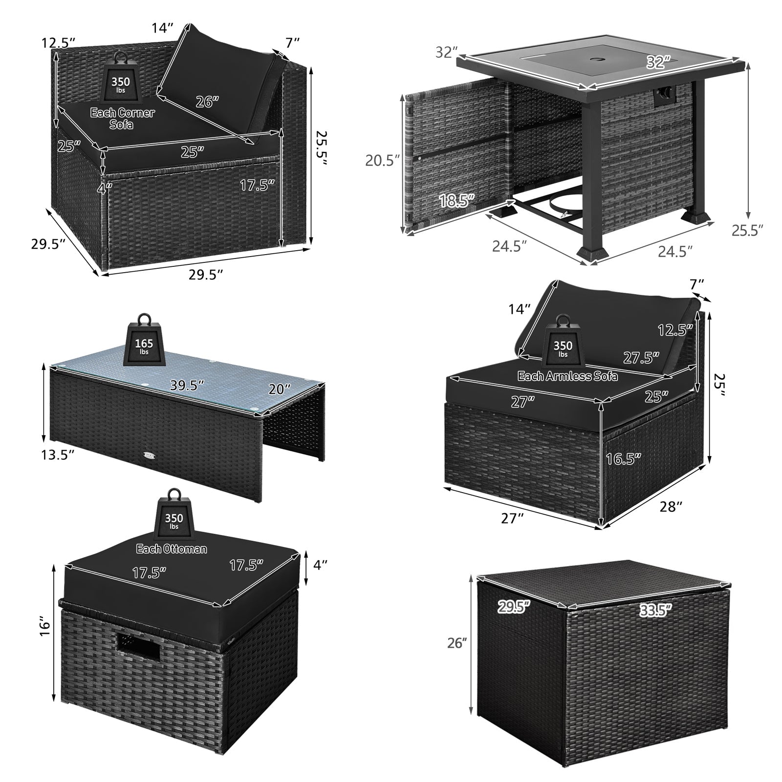 9 Pieces Patio Furniture Set with 32” Fire Pit Table and 50000 BTU Square Propane Fire Pit