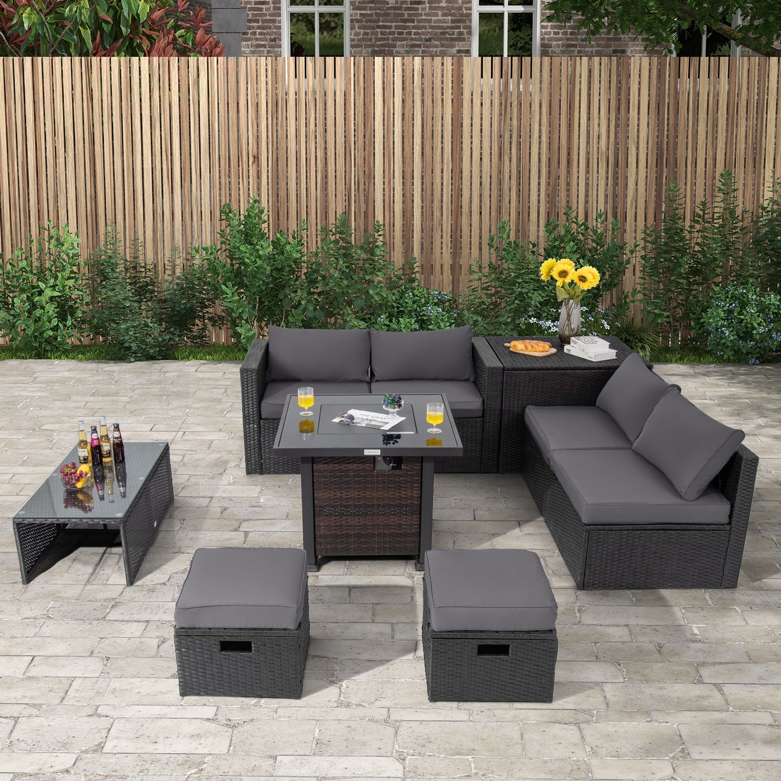 9 Pieces Patio Furniture Set with 32” Fire Pit Table and 50000 BTU Square Propane Fire Pit
