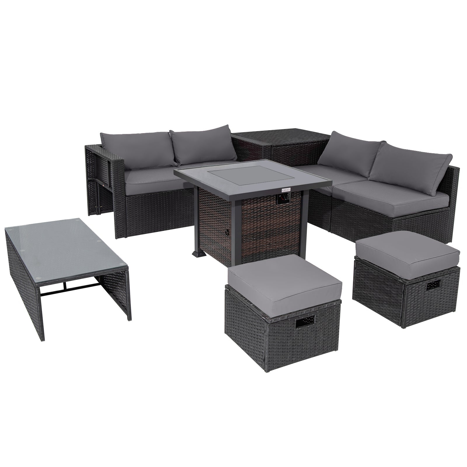 9 Pieces Patio Furniture Set with 32” Fire Pit Table and 50000 BTU Square Propane Fire Pit