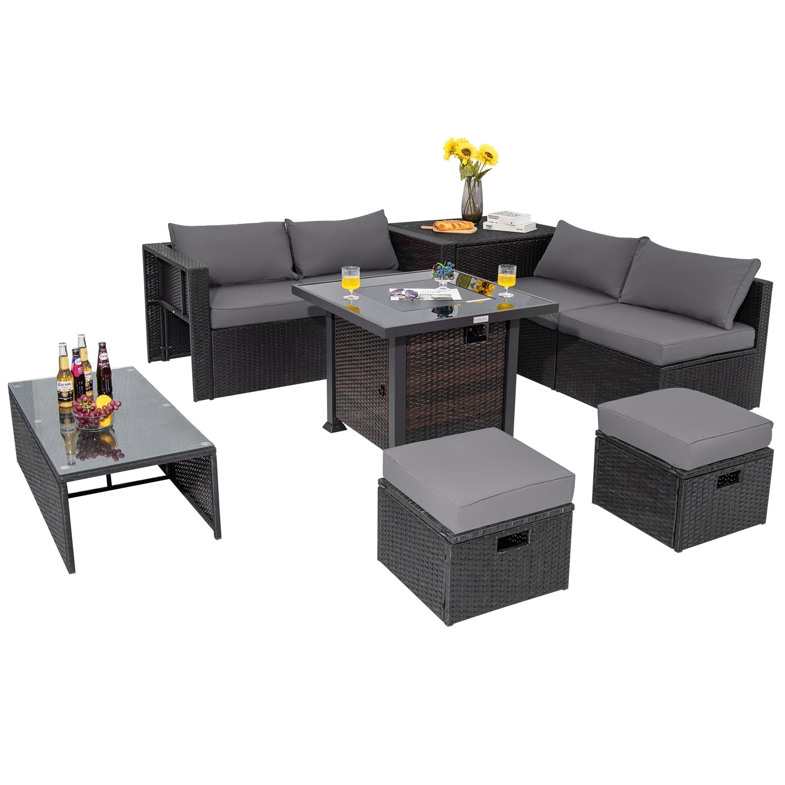 9 Pieces Patio Furniture Set with 32” Fire Pit Table and 50000 BTU Square Propane Fire Pit