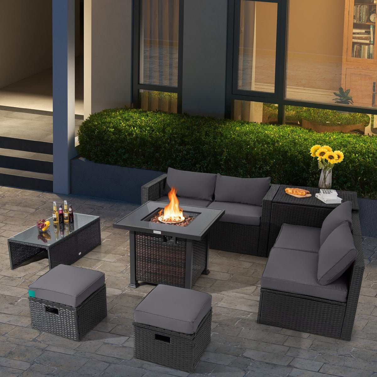 9 Pieces Patio Furniture Set with 32” Fire Pit Table and 50000 BTU Square Propane Fire Pit