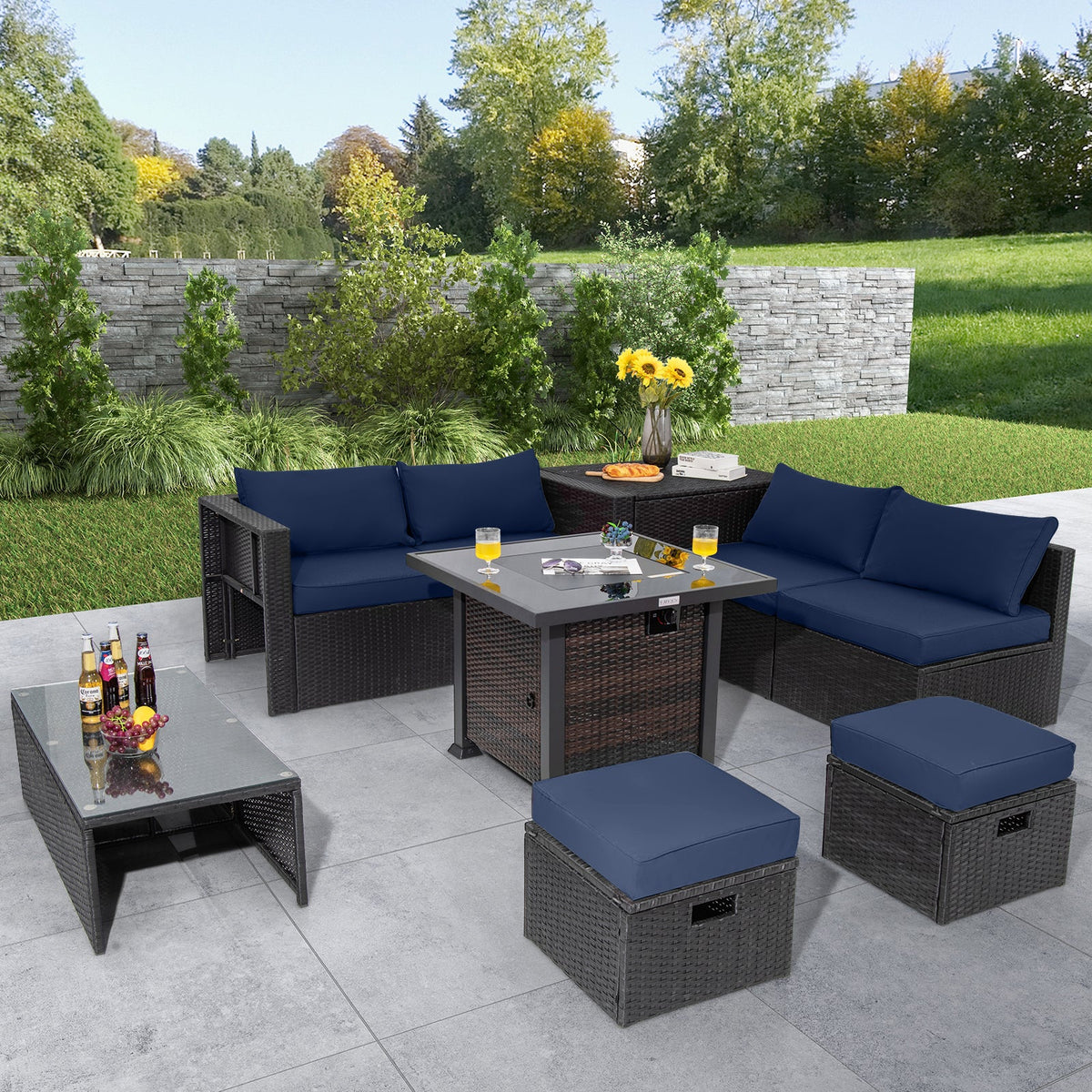 9 Pieces Patio Furniture Set with 32” Fire Pit Table and 50000 BTU Square Propane Fire Pit