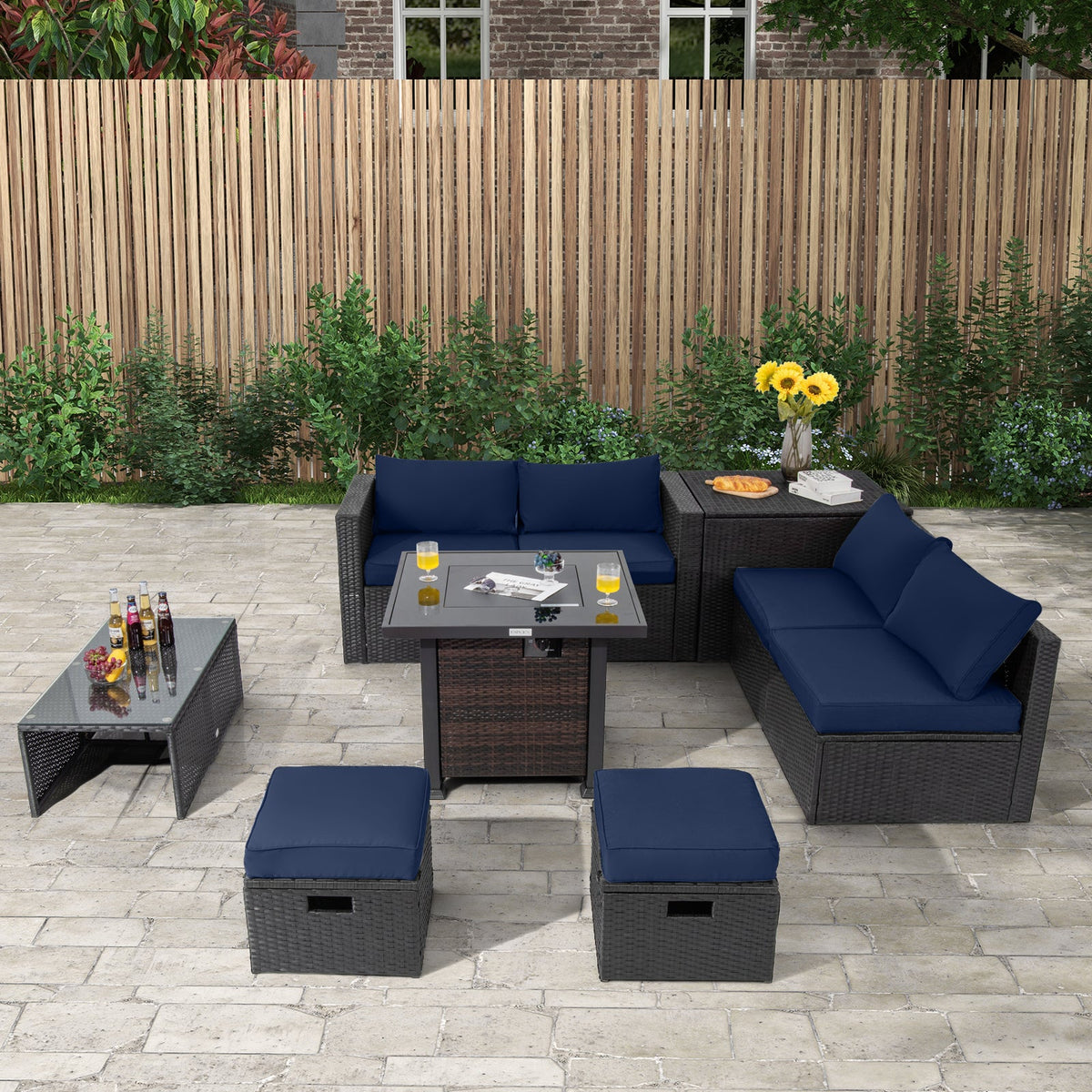 9 Pieces Patio Furniture Set with 32” Fire Pit Table and 50000 BTU Square Propane Fire Pit