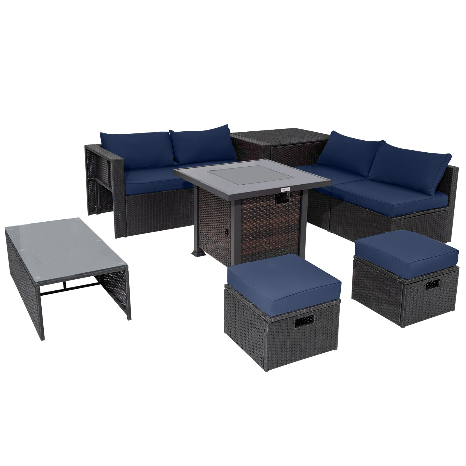 9 Pieces Patio Furniture Set with 32” Fire Pit Table and 50000 BTU Square Propane Fire Pit