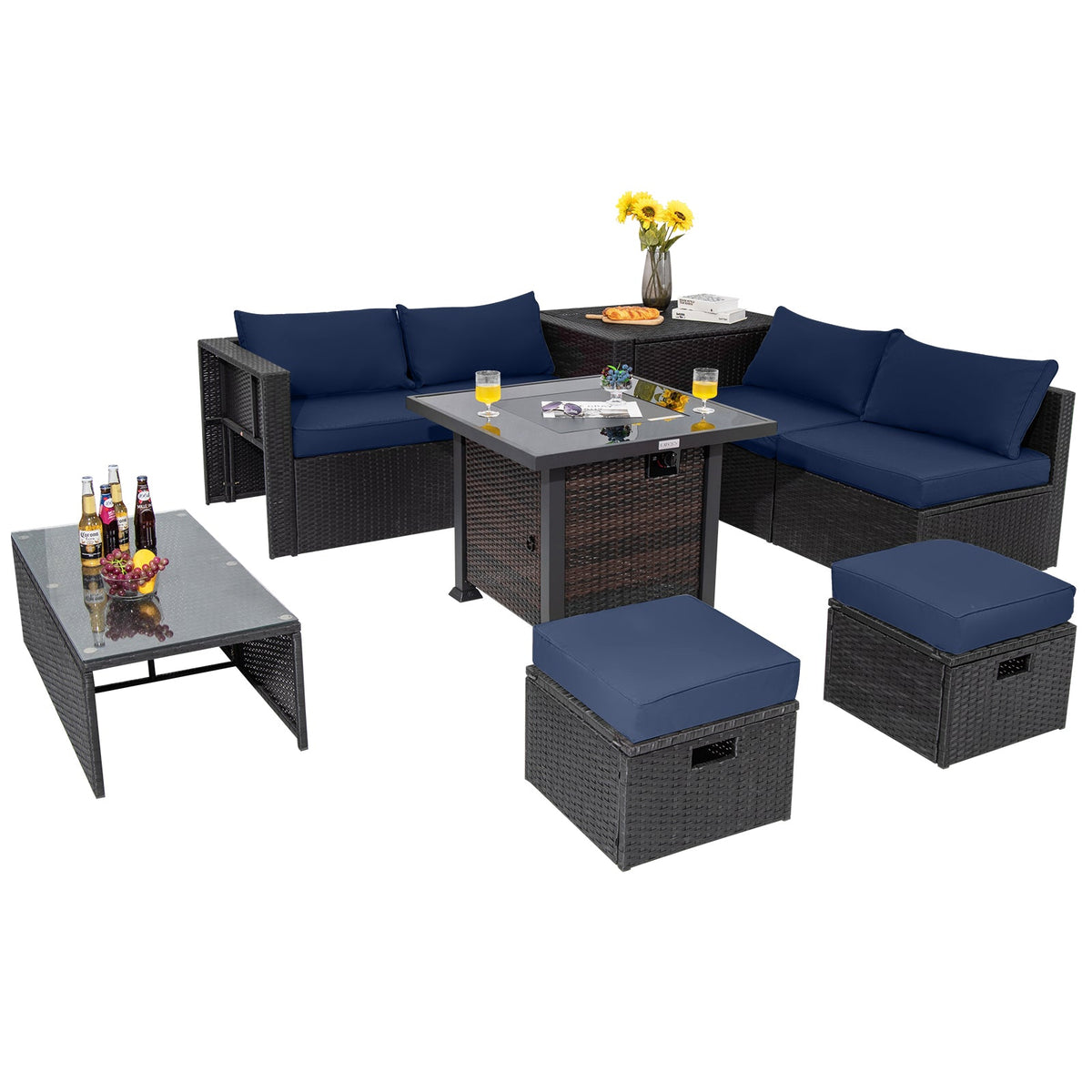 9 Pieces Patio Furniture Set with 32” Fire Pit Table and 50000 BTU Square Propane Fire Pit