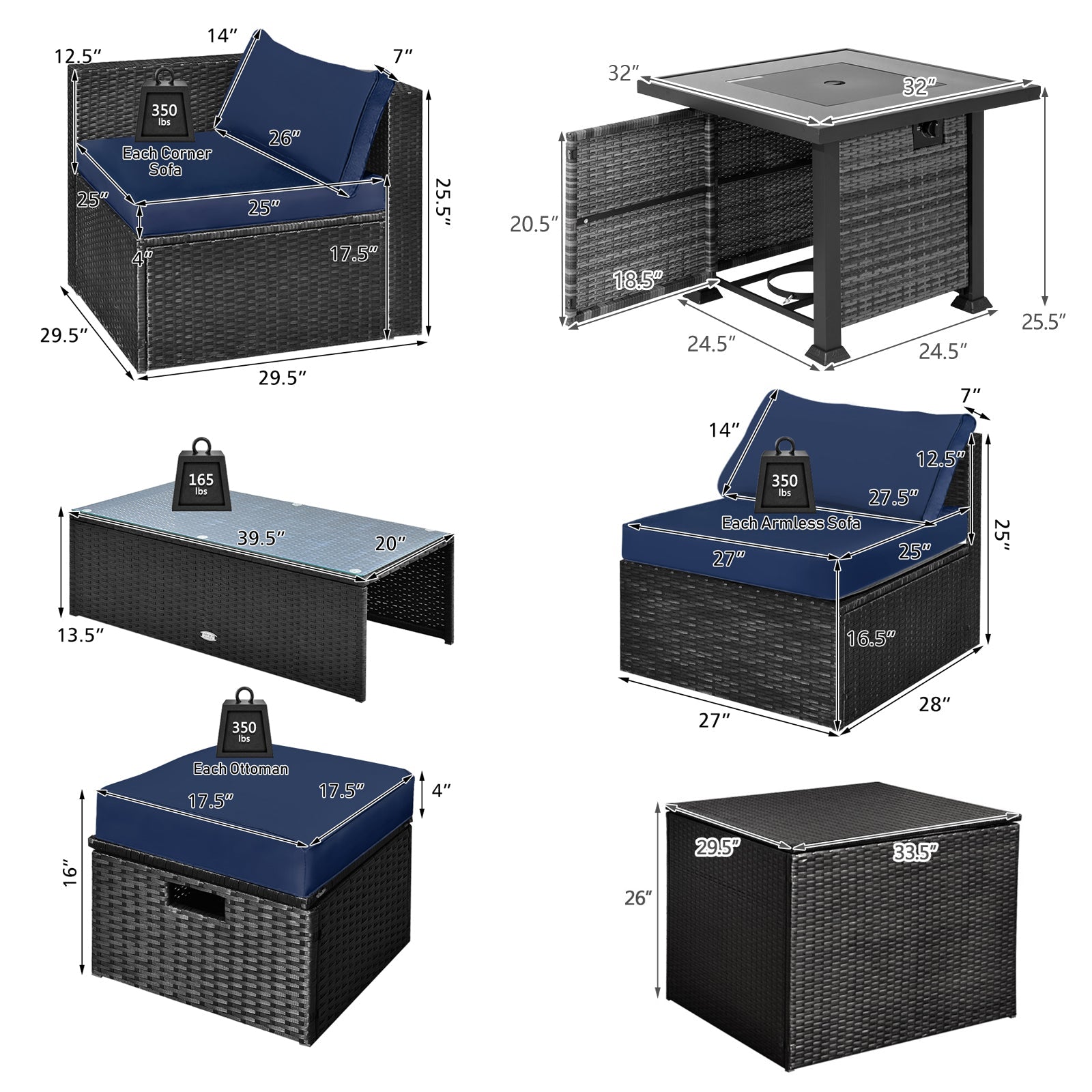 9 Pieces Patio Furniture Set with 32” Fire Pit Table and 50000 BTU Square Propane Fire Pit