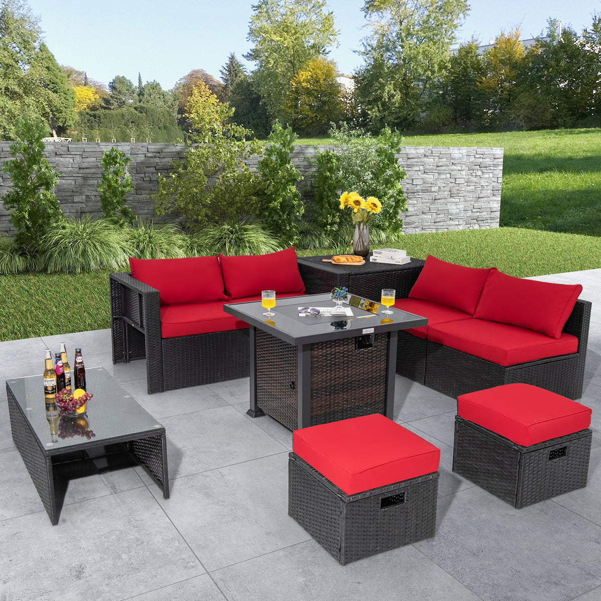 9 Pieces Patio Furniture Set with 32” Fire Pit Table and 50000 BTU Square Propane Fire Pit