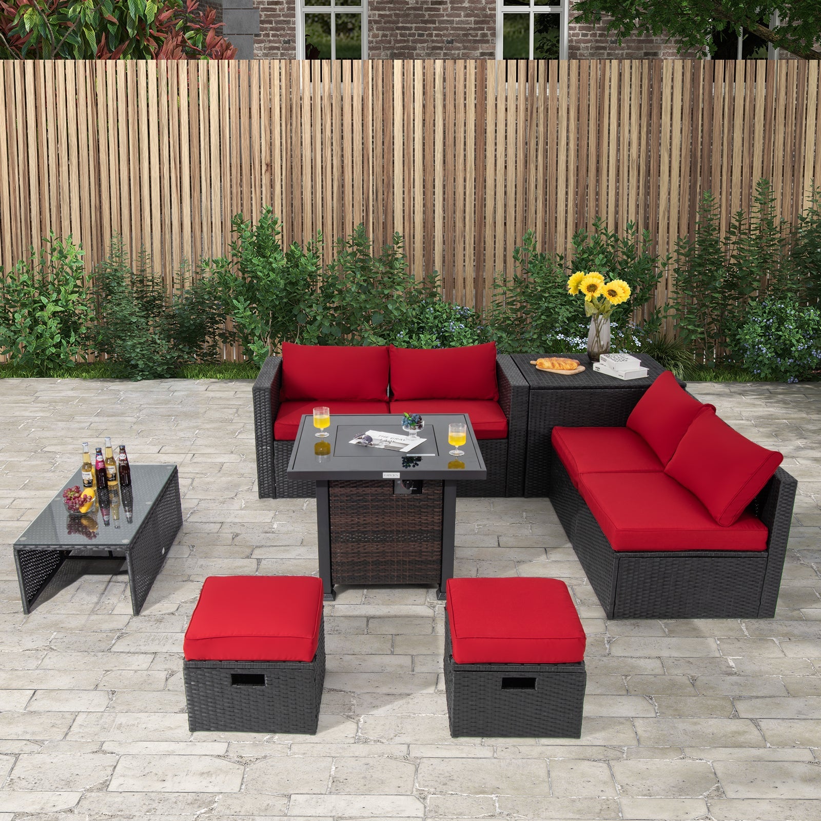 9 Pieces Patio Furniture Set with 32” Fire Pit Table and 50000 BTU Square Propane Fire Pit
