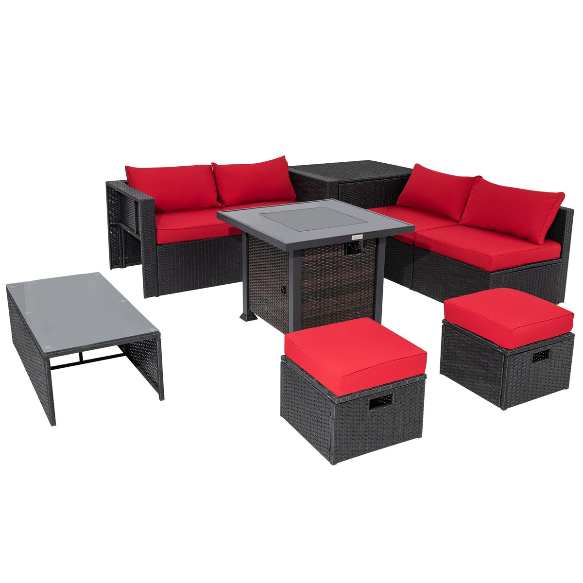 9 Pieces Patio Furniture Set with 32” Fire Pit Table and 50000 BTU Square Propane Fire Pit