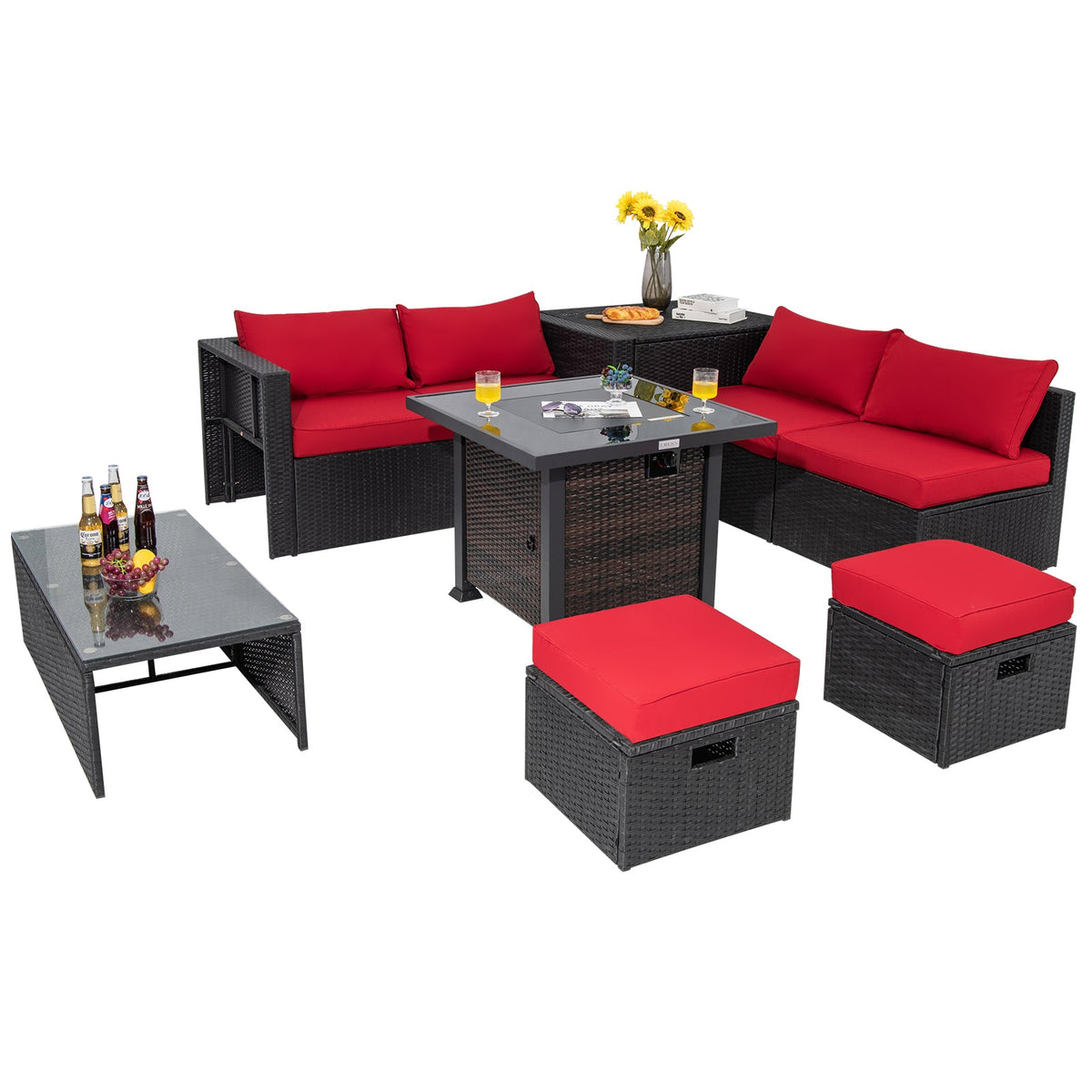 9 Pieces Patio Furniture Set with 32” Fire Pit Table and 50000 BTU Square Propane Fire Pit