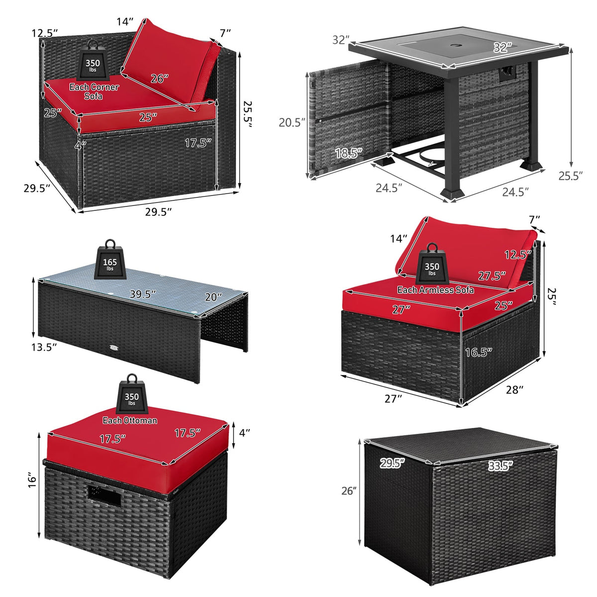 9 Pieces Patio Furniture Set with 32” Fire Pit Table and 50000 BTU Square Propane Fire Pit