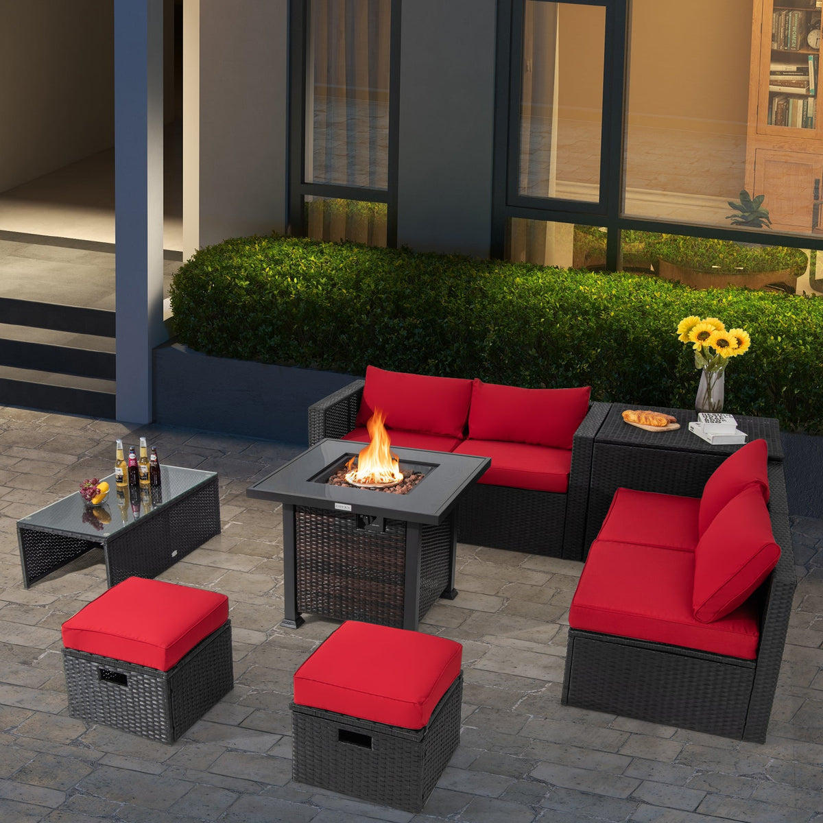 9 Pieces Patio Furniture Set with 32” Fire Pit Table and 50000 BTU Square Propane Fire Pit