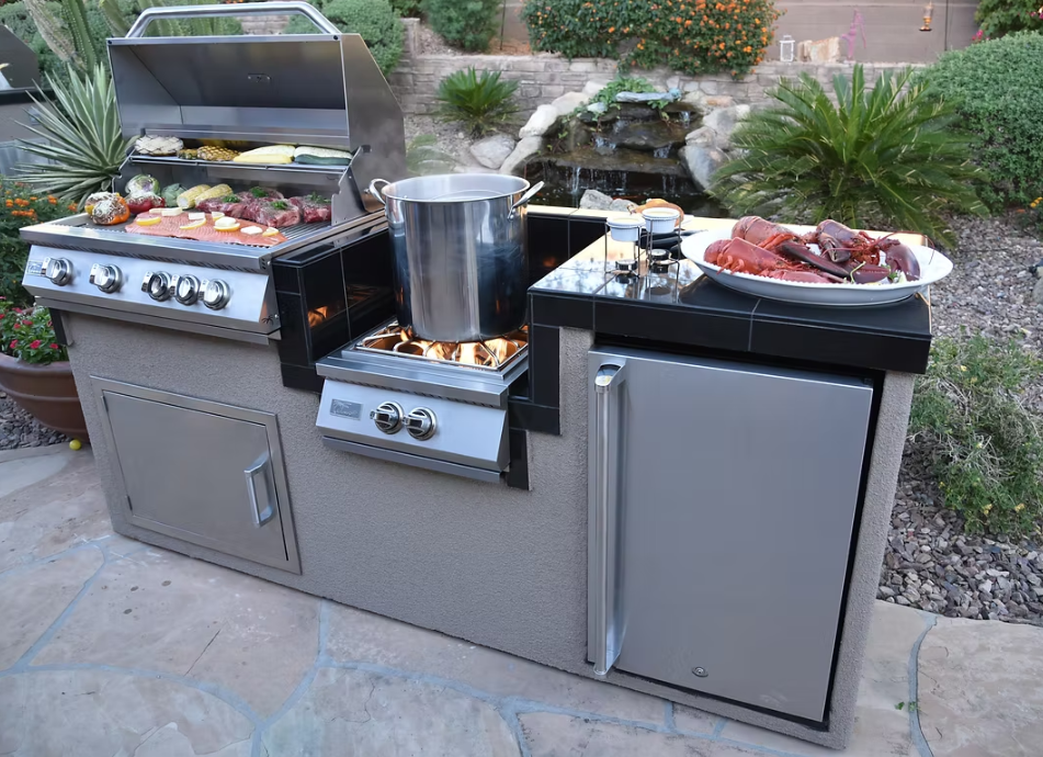 KoKoMo 7'6" Outdoor Kitchen Island Package | 4-Burner BBQ Grill, Power Burner & Refrigerator