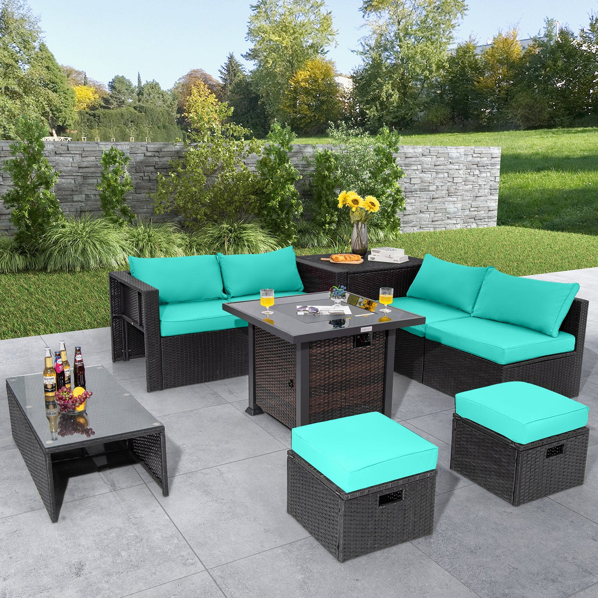 9 Pieces Patio Furniture Set with 32” Fire Pit Table and 50000 BTU Square Propane Fire Pit