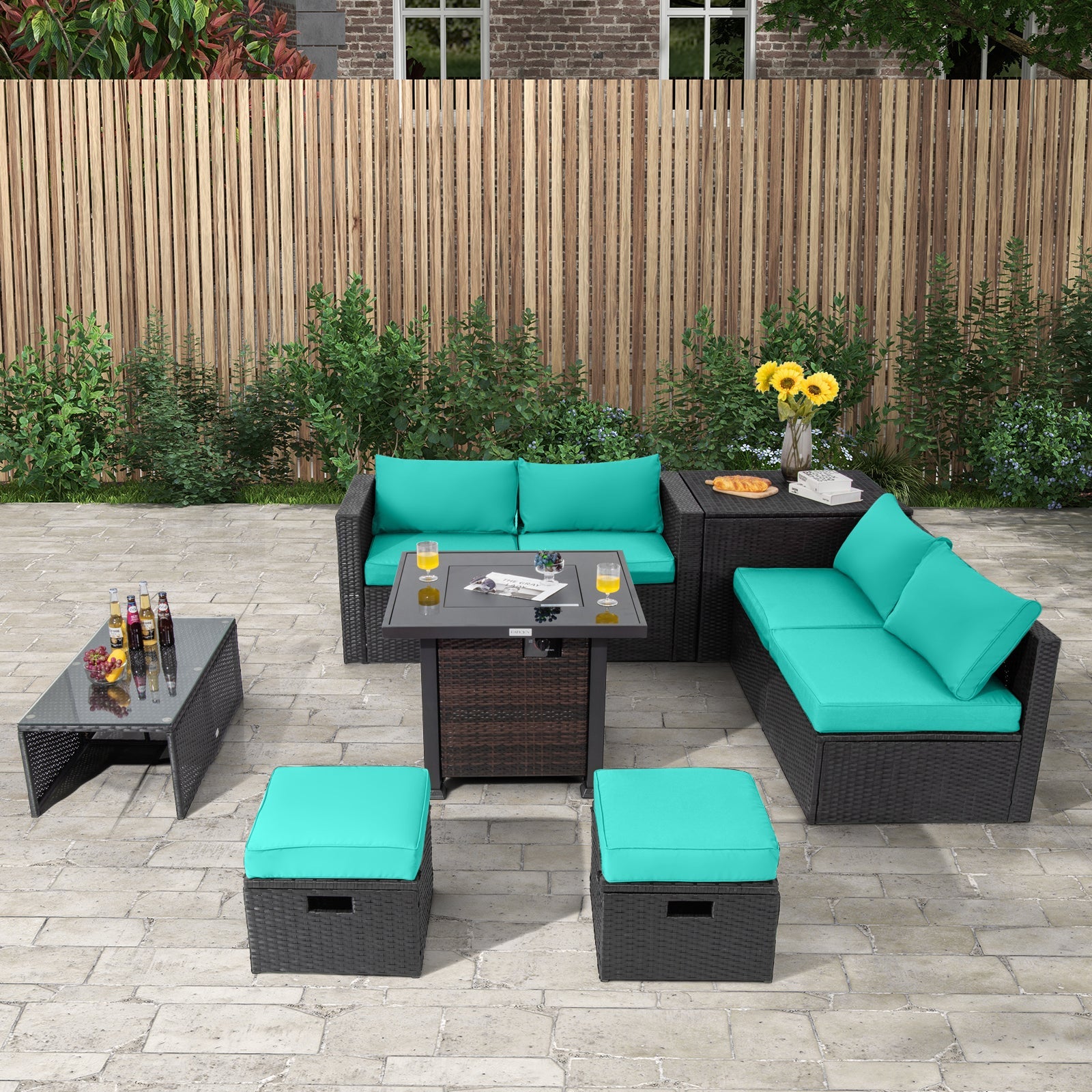 9 Pieces Patio Furniture Set with 32” Fire Pit Table and 50000 BTU Square Propane Fire Pit