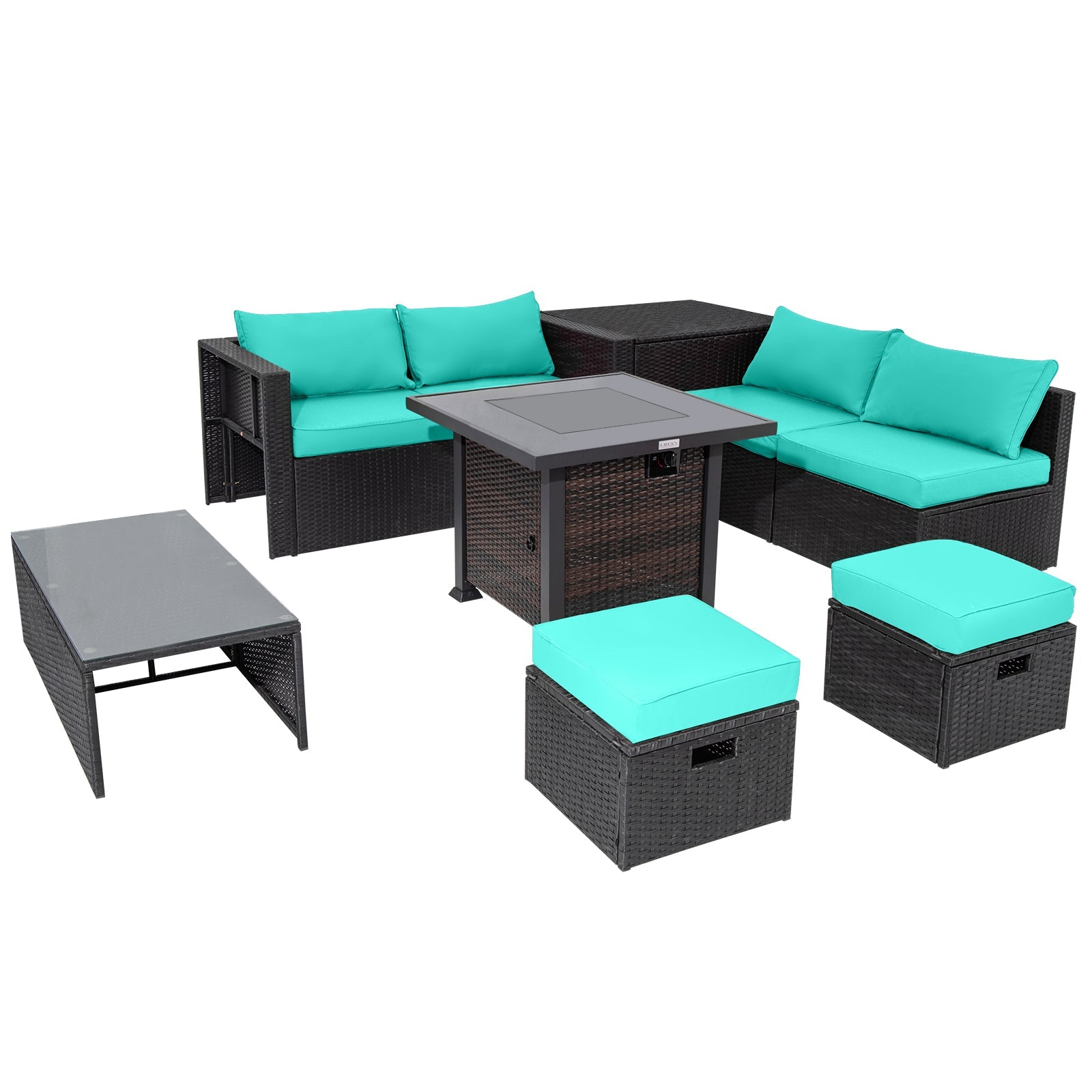 9 Pieces Patio Furniture Set with 32” Fire Pit Table and 50000 BTU Square Propane Fire Pit