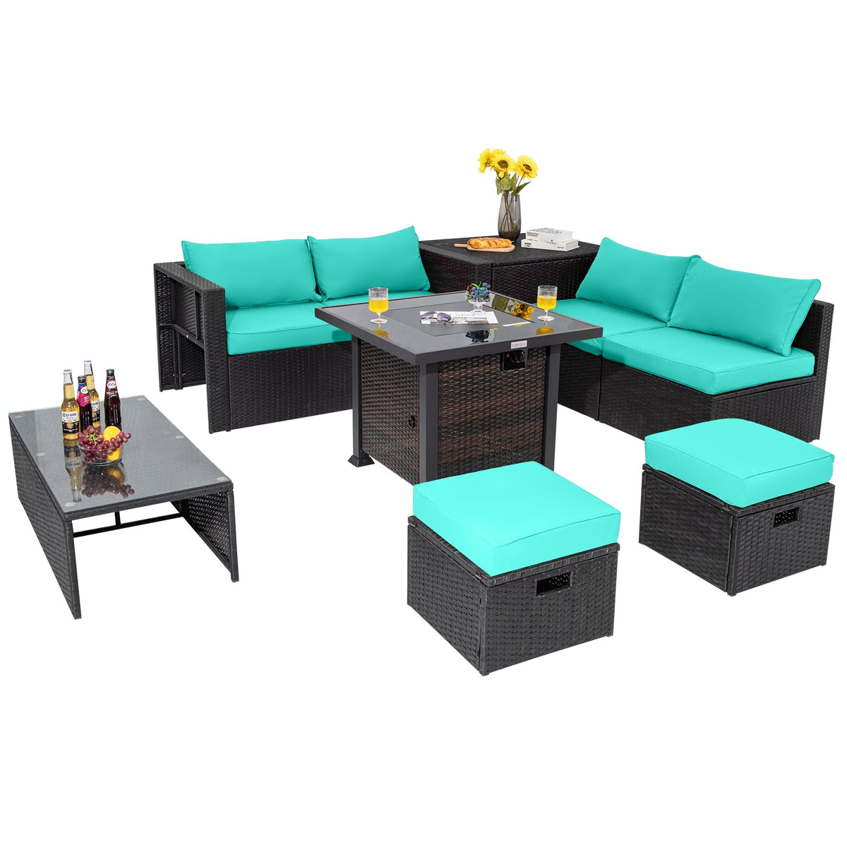 9 Pieces Patio Furniture Set with 32” Fire Pit Table and 50000 BTU Square Propane Fire Pit