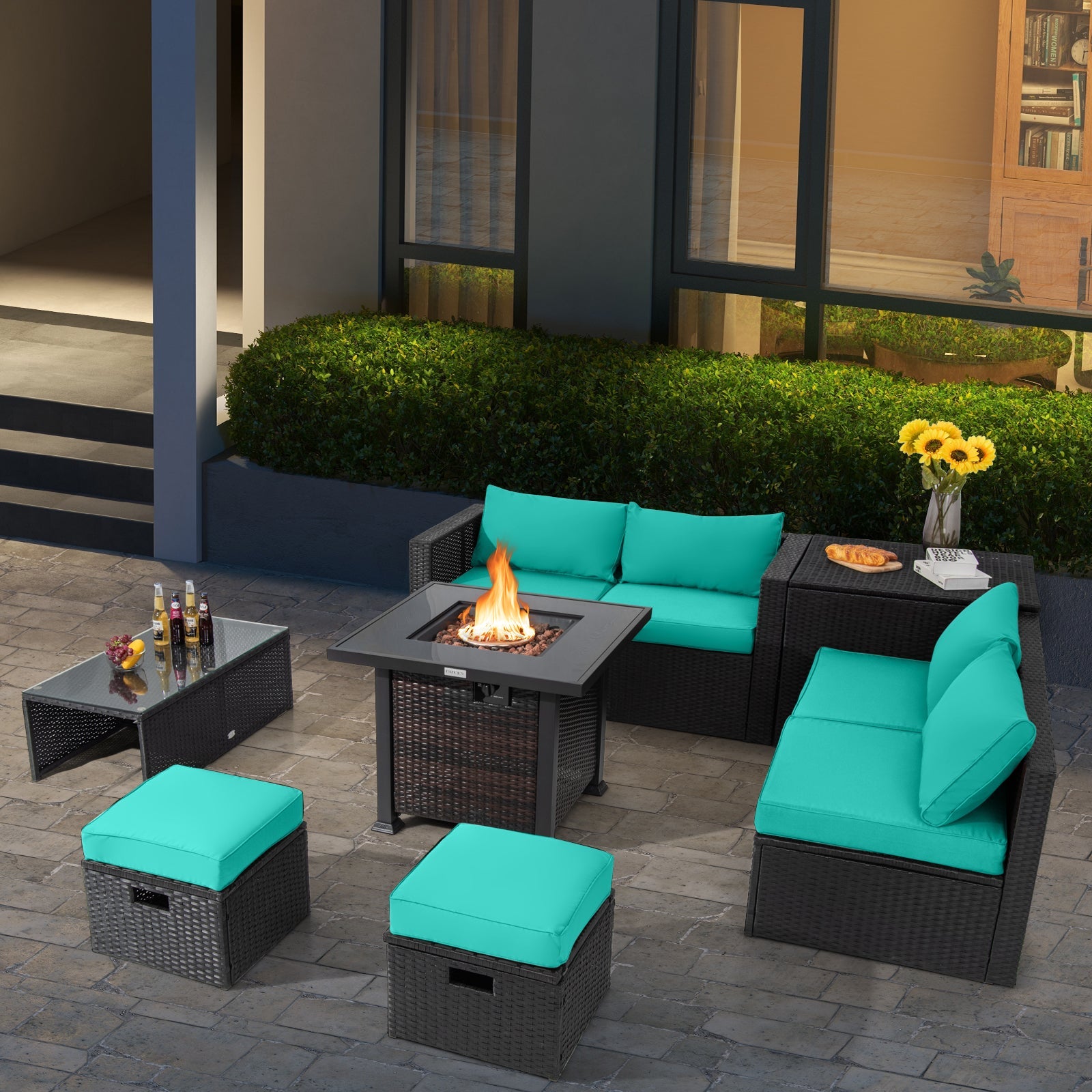 9 Pieces Patio Furniture Set with 32” Fire Pit Table and 50000 BTU Square Propane Fire Pit