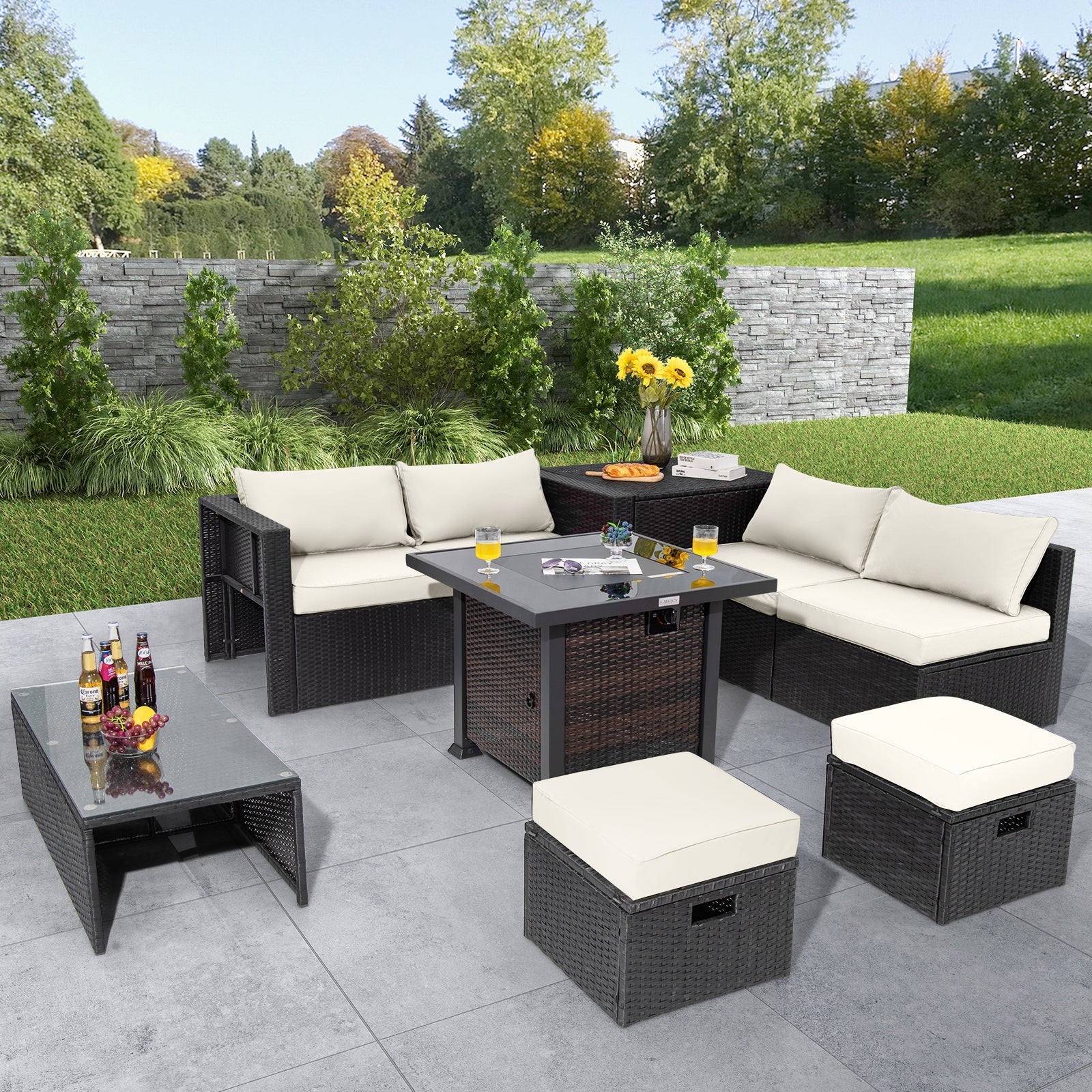 9 Pieces Patio Furniture Set with 32” Fire Pit Table and 50000 BTU Square Propane Fire Pit