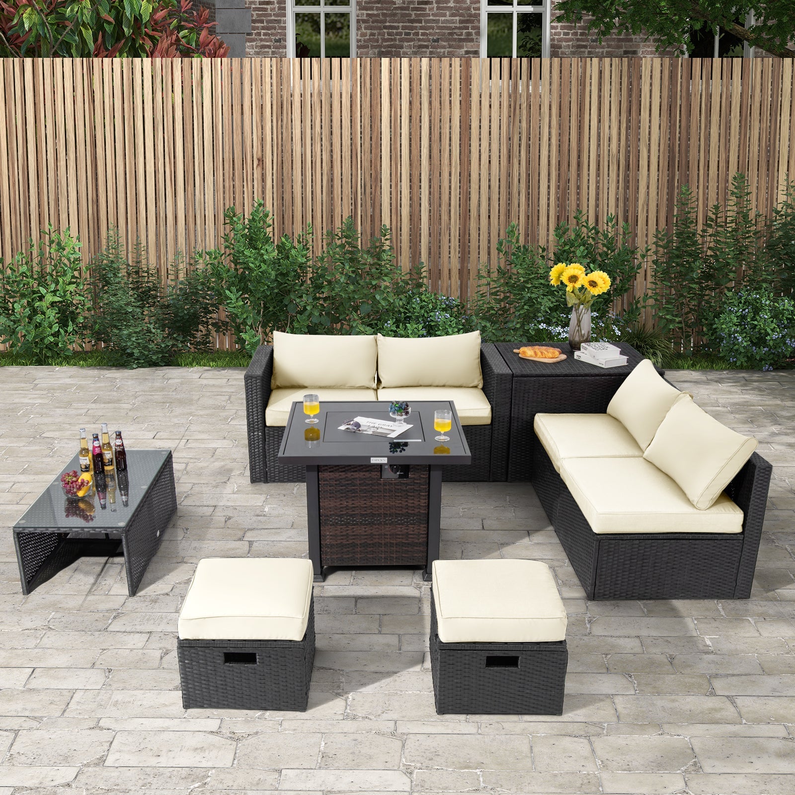 9 Pieces Patio Furniture Set with 32” Fire Pit Table and 50000 BTU Square Propane Fire Pit