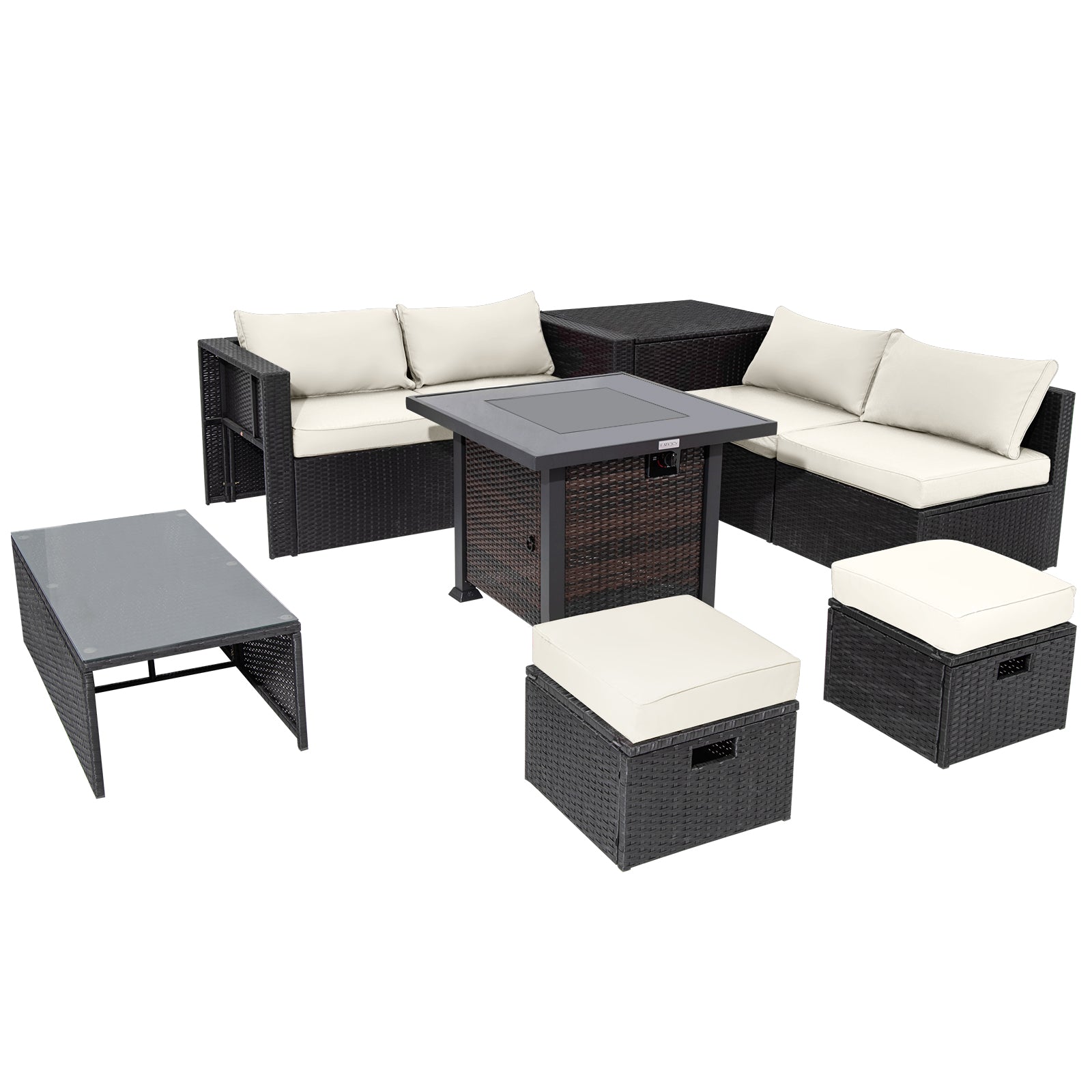 9 Pieces Patio Furniture Set with 32” Fire Pit Table and 50000 BTU Square Propane Fire Pit