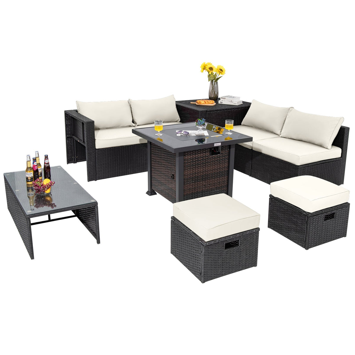 9 Pieces Patio Furniture Set with 32” Fire Pit Table and 50000 BTU Square Propane Fire Pit