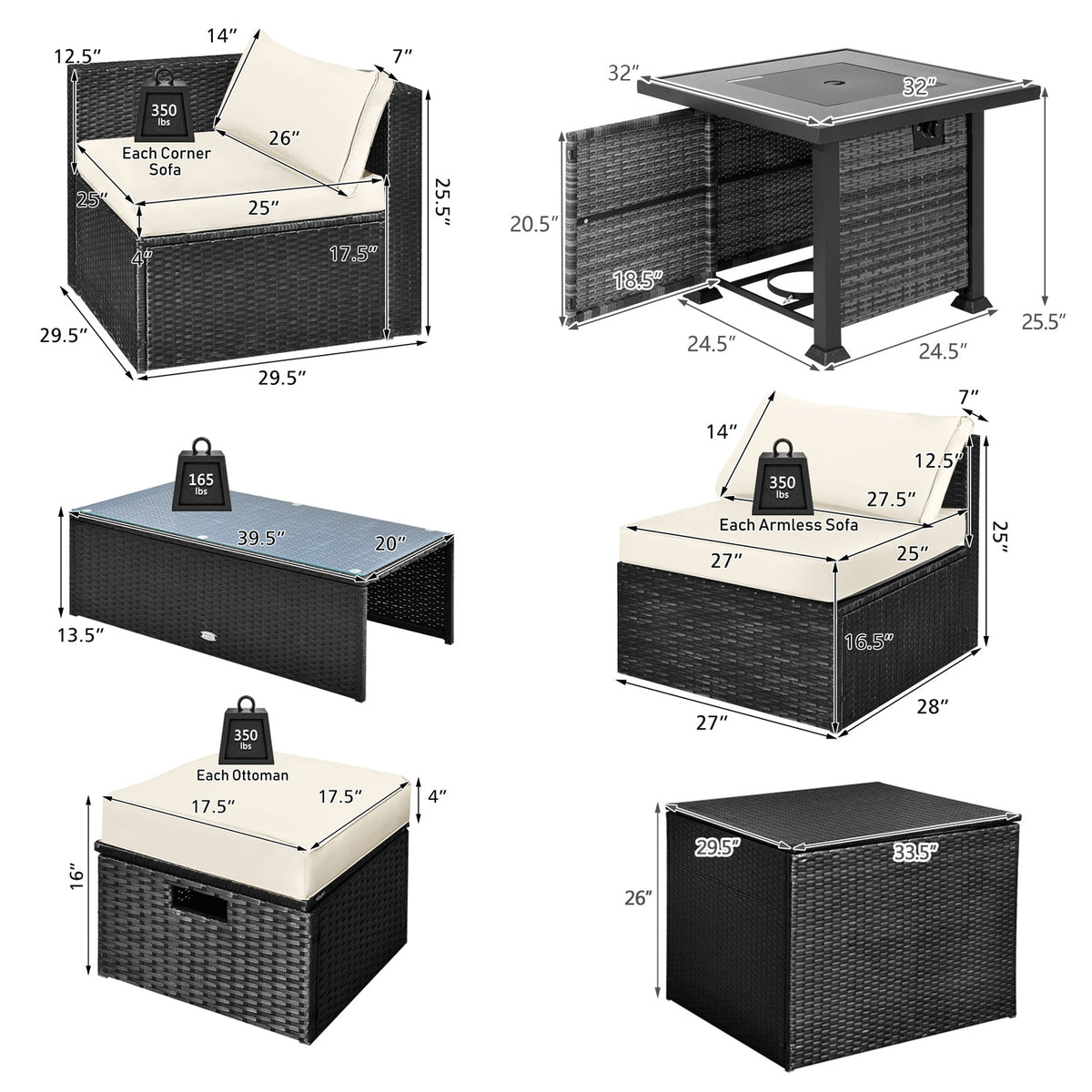 9 Pieces Patio Furniture Set with 32” Fire Pit Table and 50000 BTU Square Propane Fire Pit