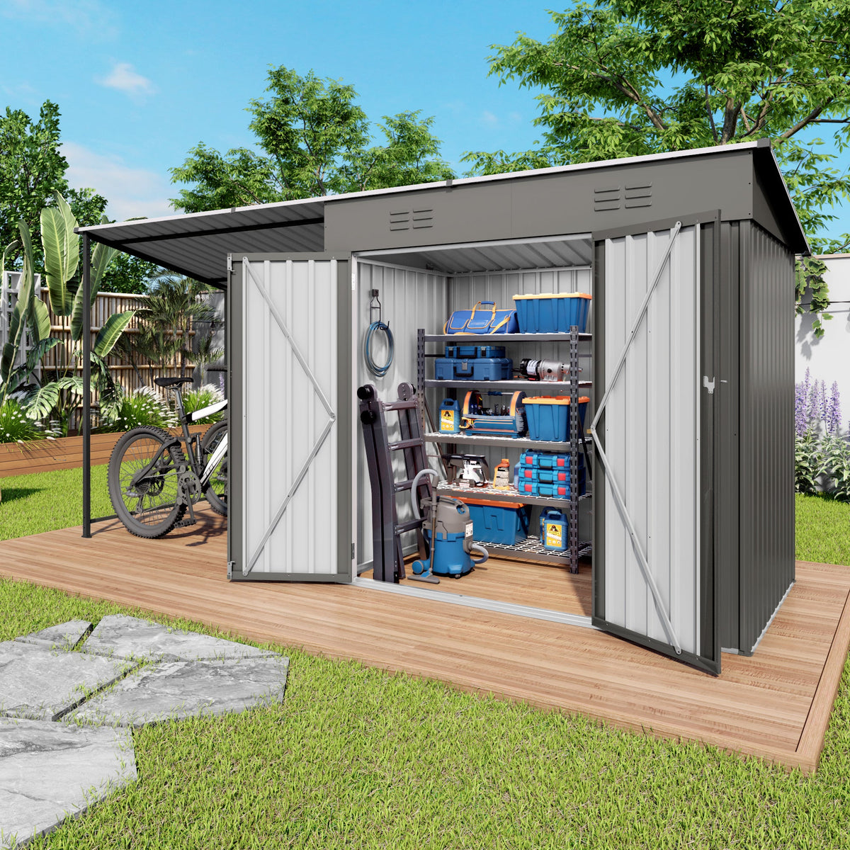 2-in-1 Metal Lean-To Storage Shed & Hardtop Pergola Combo, 12x4 ft – Gray