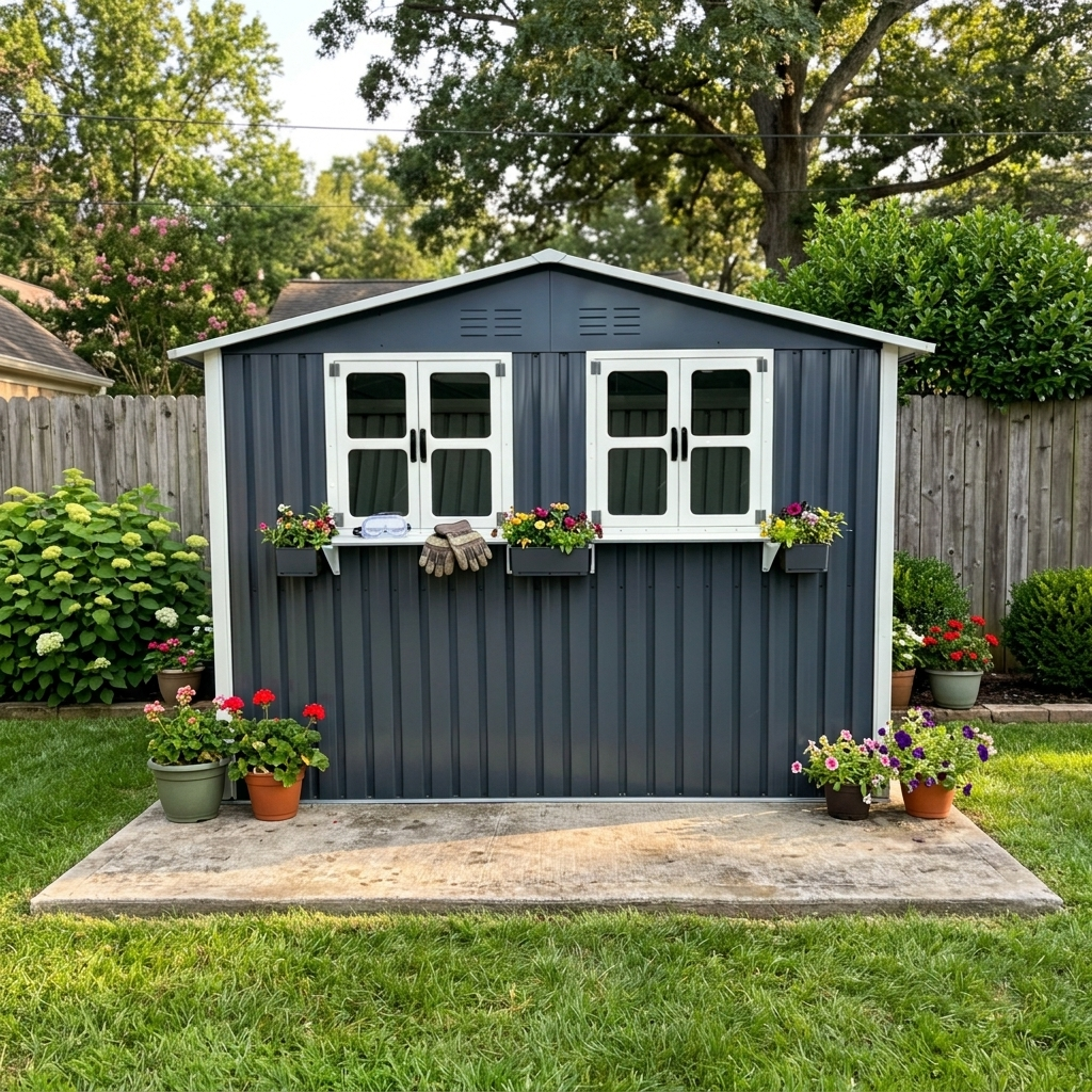 9x6 FT Metal Storage Shed – Lockable Doors, Window & Flower Rack, Coal Gray