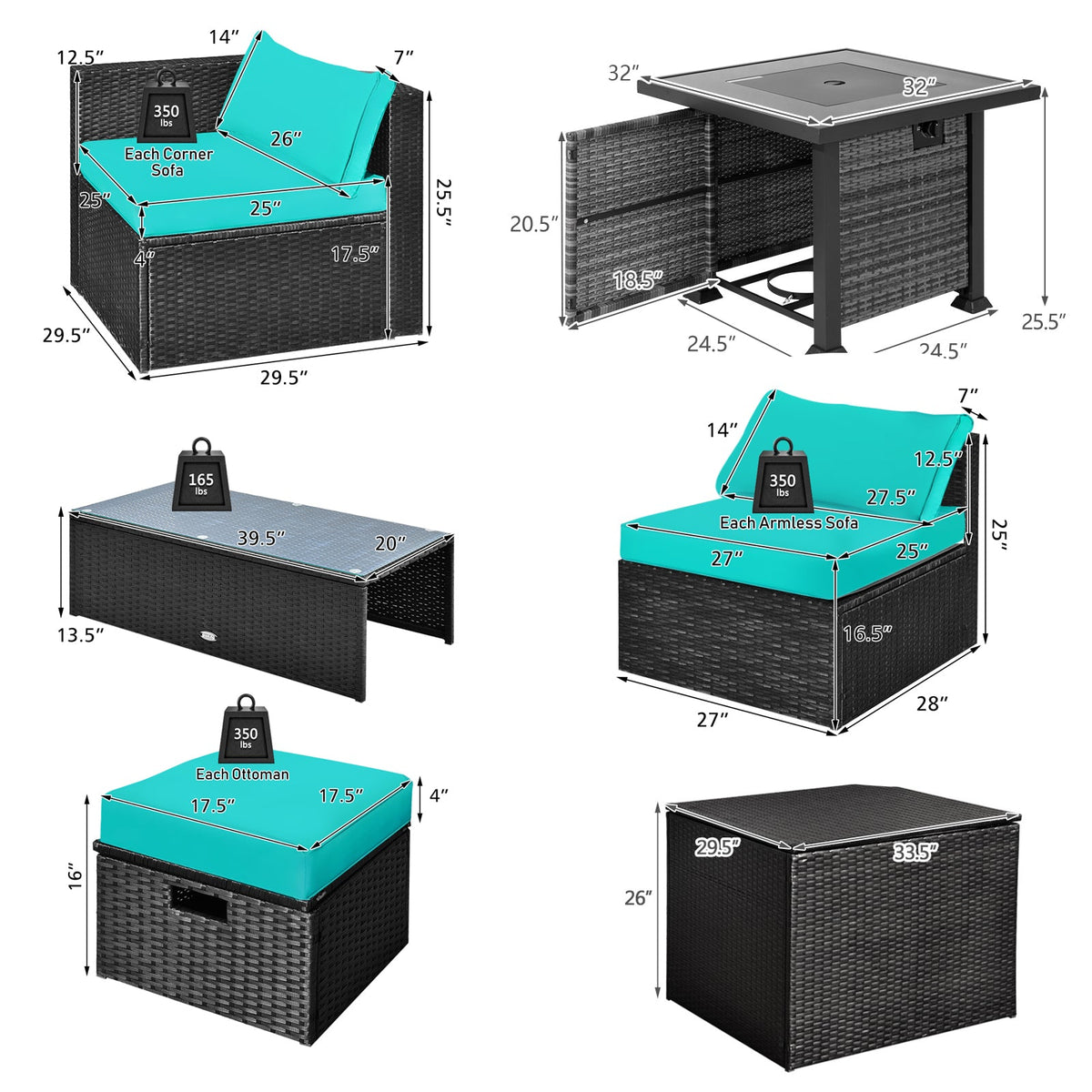 9 Pieces Patio Furniture Set with 32” Fire Pit Table and 50000 BTU Square Propane Fire Pit