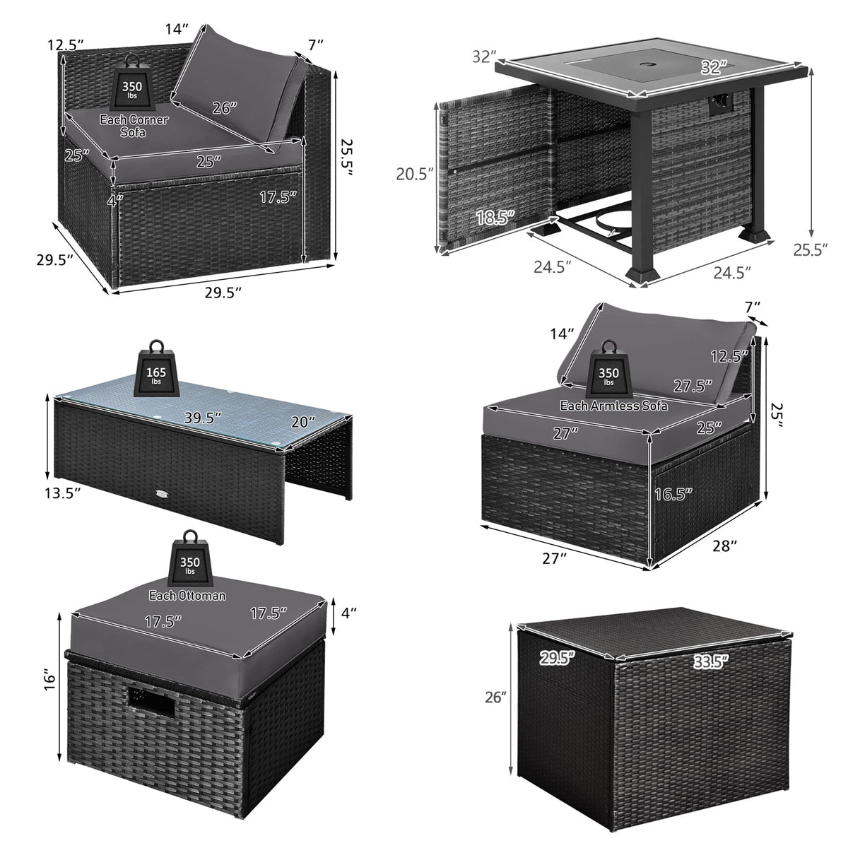 9 Pieces Patio Furniture Set with 32” Fire Pit Table and 50000 BTU Square Propane Fire Pit