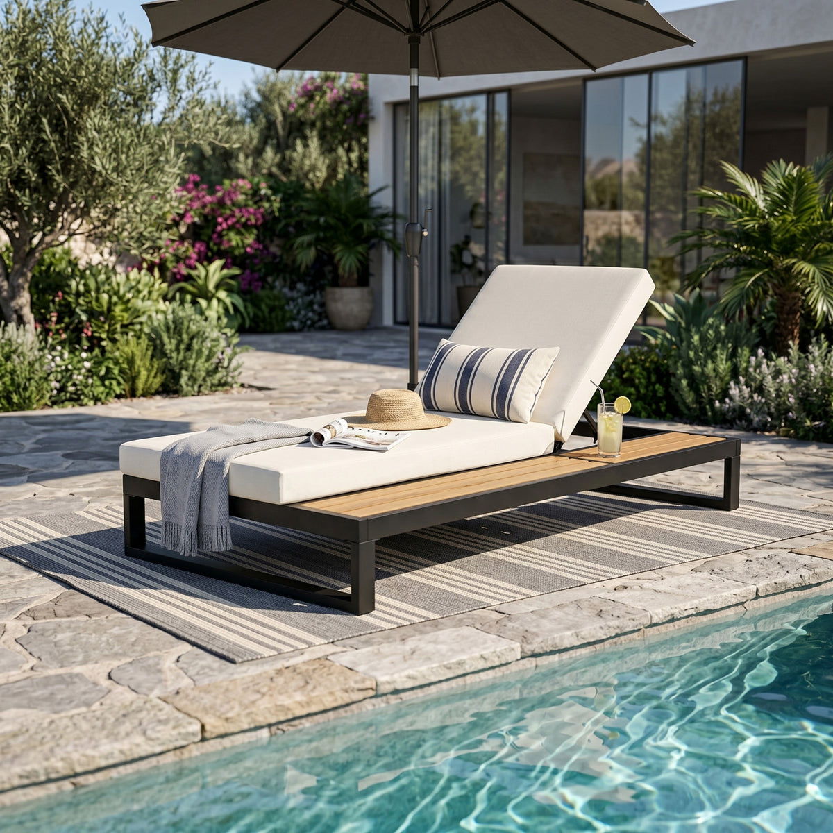Black Iron & Teak Finish Chaise Lounge Set