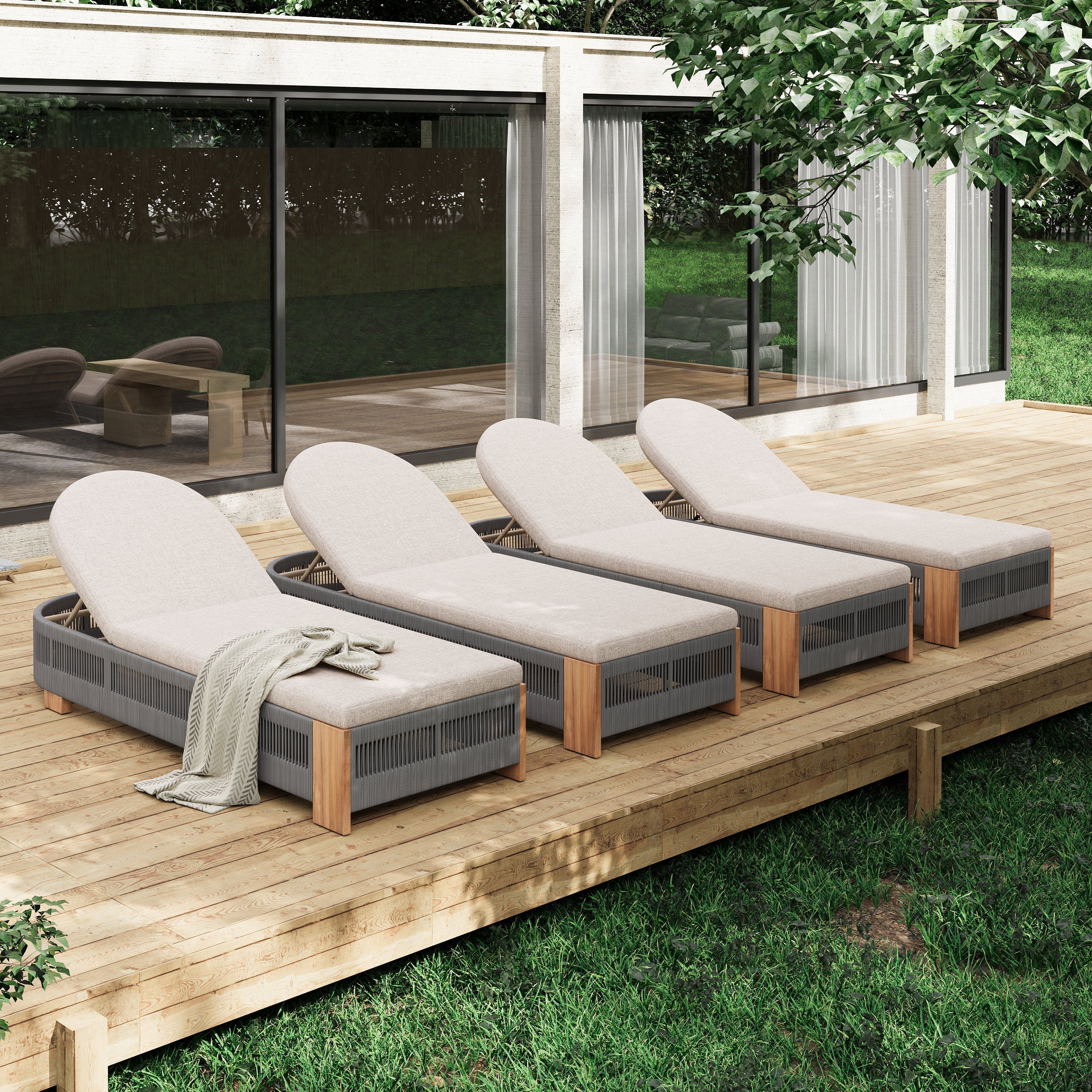 Outdoor Acacia Wood Patio Adjustable Lounge Chair Set of 4