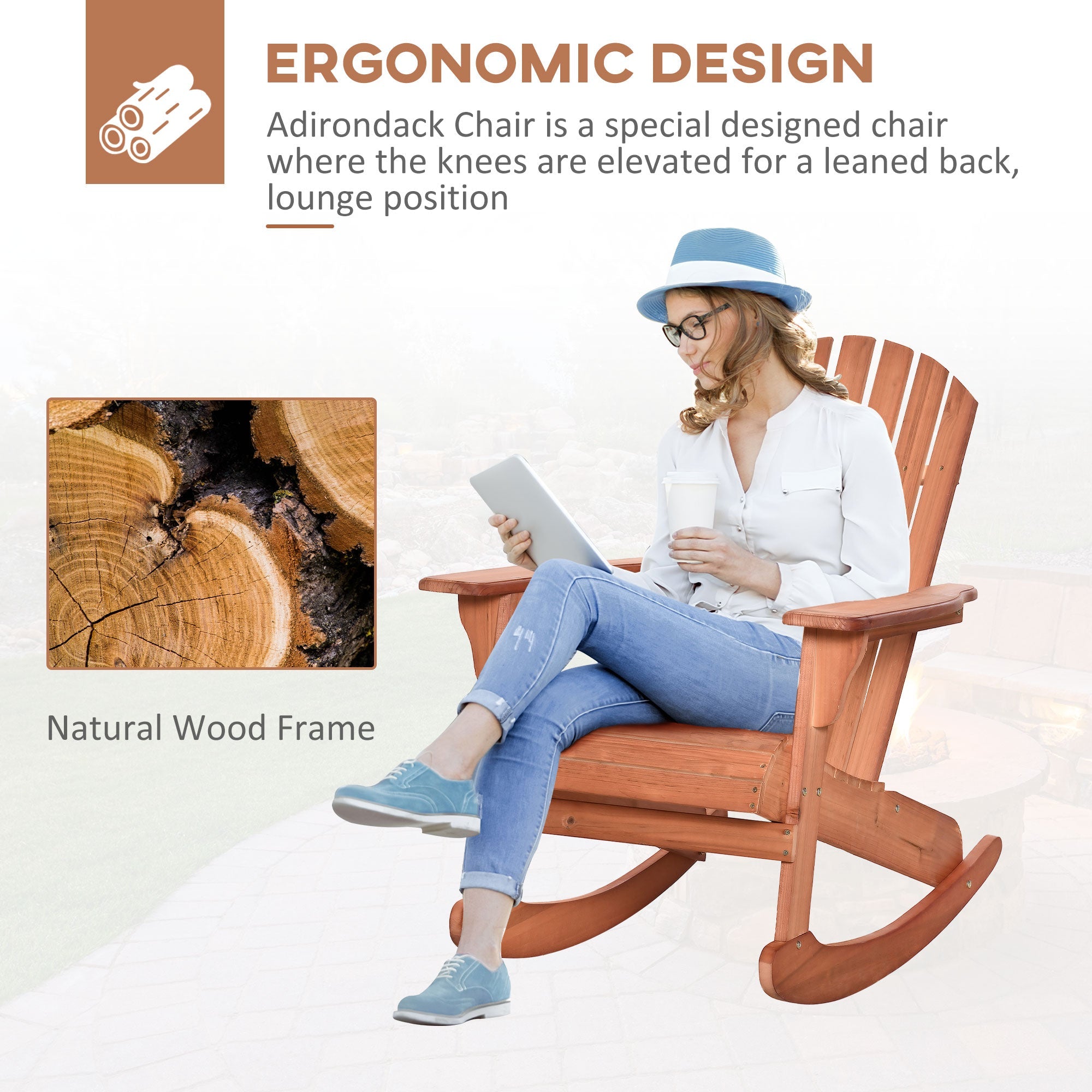 Teak Adirondack Rocking Chair – Solid Fir Wood, Ergonomic Design for Porch & Patio