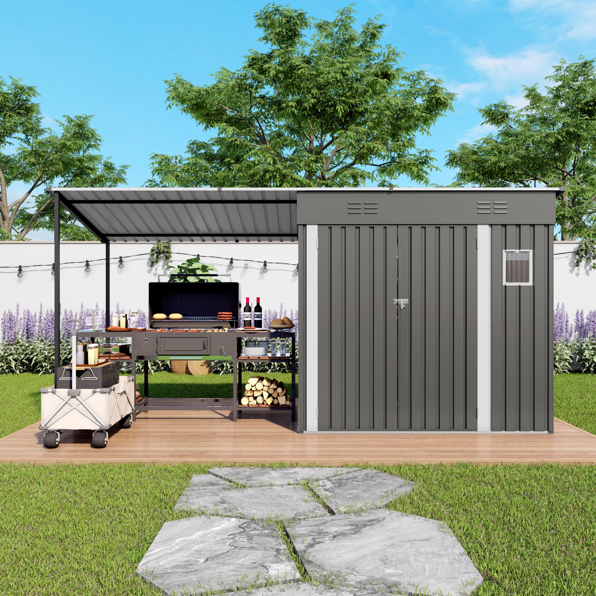 2-in-1 Metal Lean-To Storage Shed & Hardtop Pergola Combo, 12x4 ft – Gray