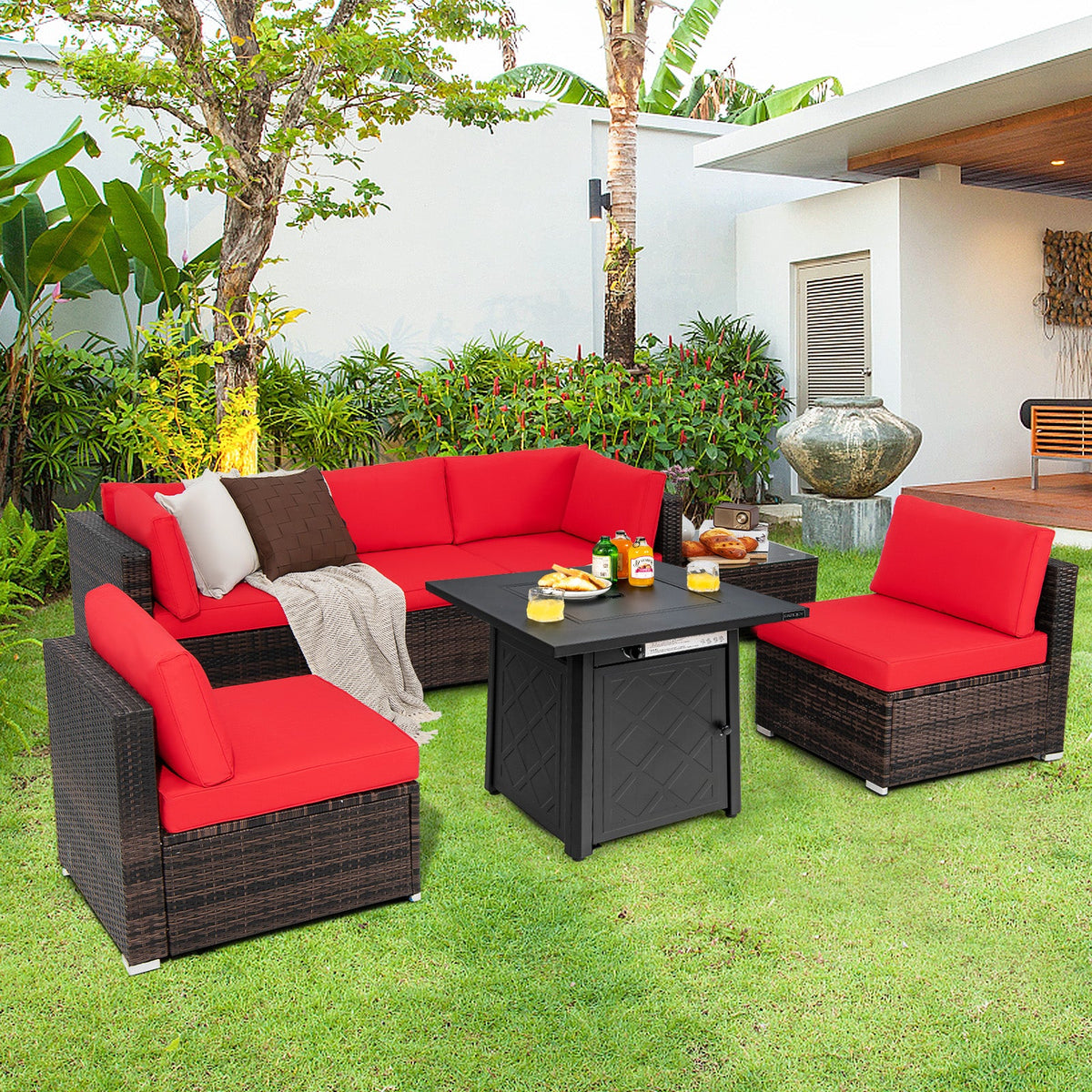 7 Pieces Patio Furniture Set with 28 Inches 50000 BTU Propane Gas Fire Pit Table