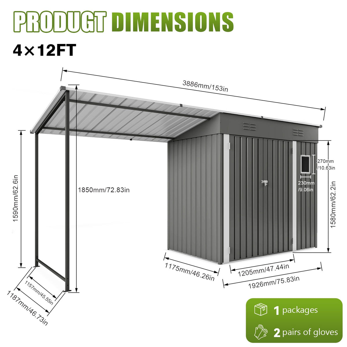 2-in-1 Metal Lean-To Storage Shed & Hardtop Pergola Combo, 12x4 ft – Gray