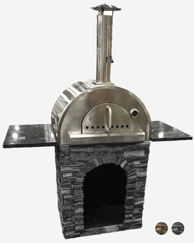 Pizza Oven Stand with Granite Countertop & Arched Wood Storage | Concrete Base