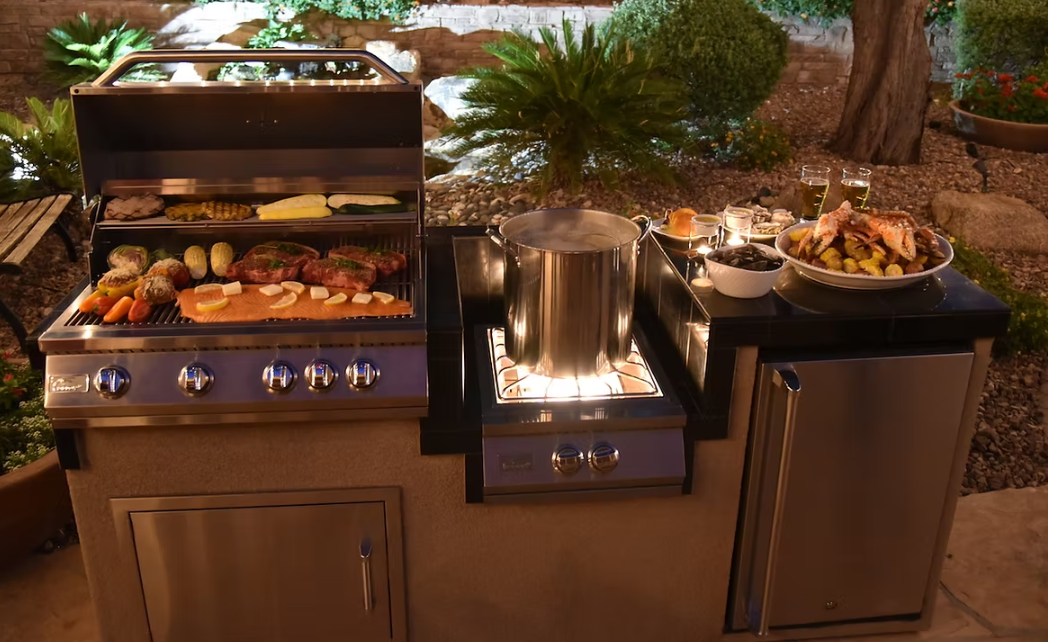 KoKoMo 7'6" Outdoor Kitchen Island Package | 4-Burner BBQ Grill, Power Burner & Refrigerator