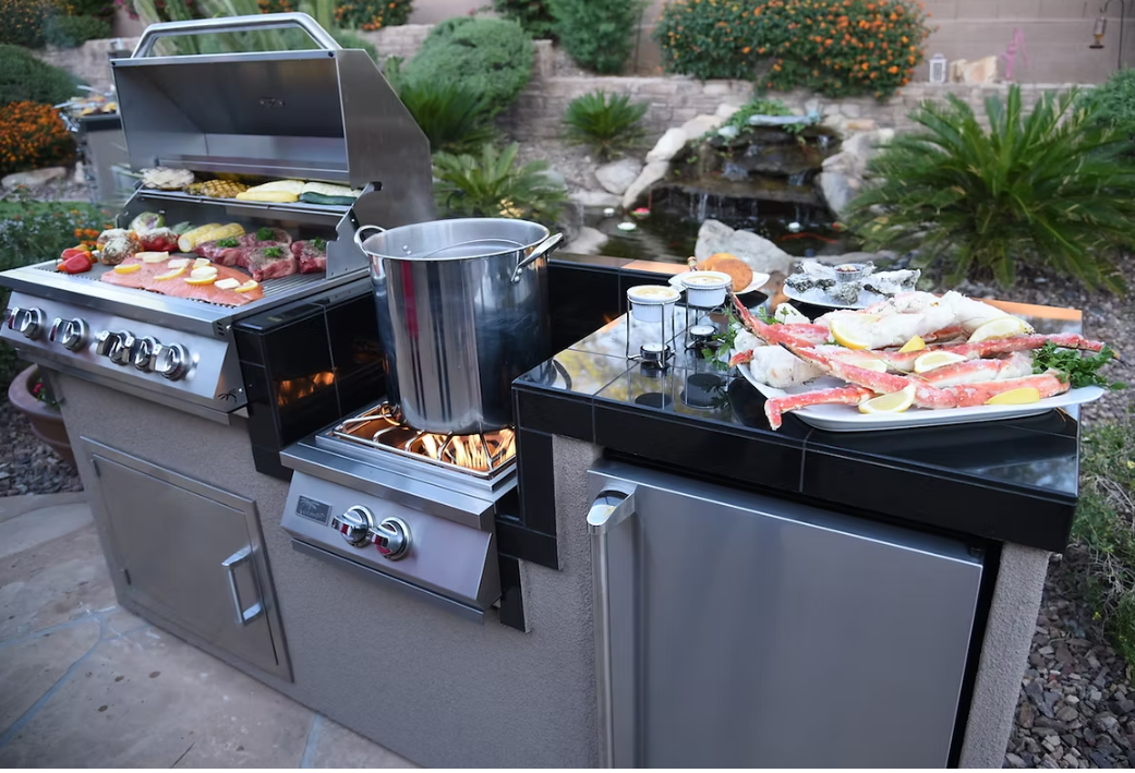 KoKoMo 7'6" Outdoor Kitchen Island Package | 4-Burner BBQ Grill, Power Burner & Refrigerator