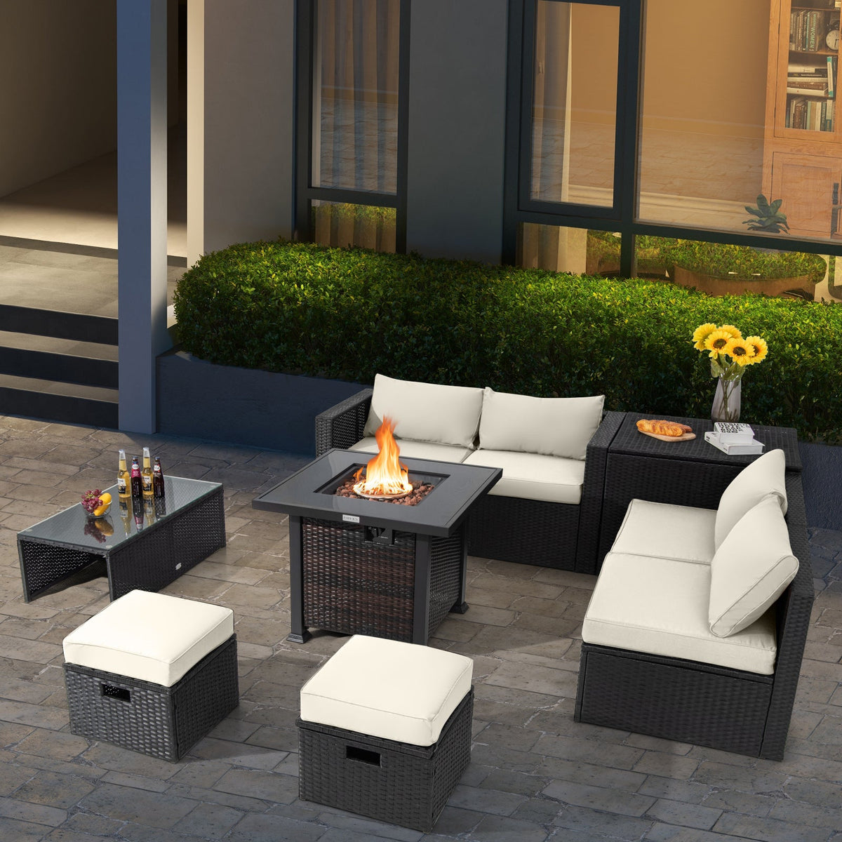 9 Pieces Patio Furniture Set with 32‚Äù Fire Pit Table and 50000 BTU Square Propane Fire Pit