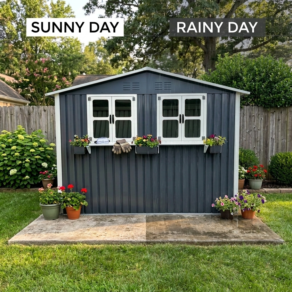 9x6 FT Metal Storage Shed – Lockable Doors, Window & Flower Rack, Coal Gray