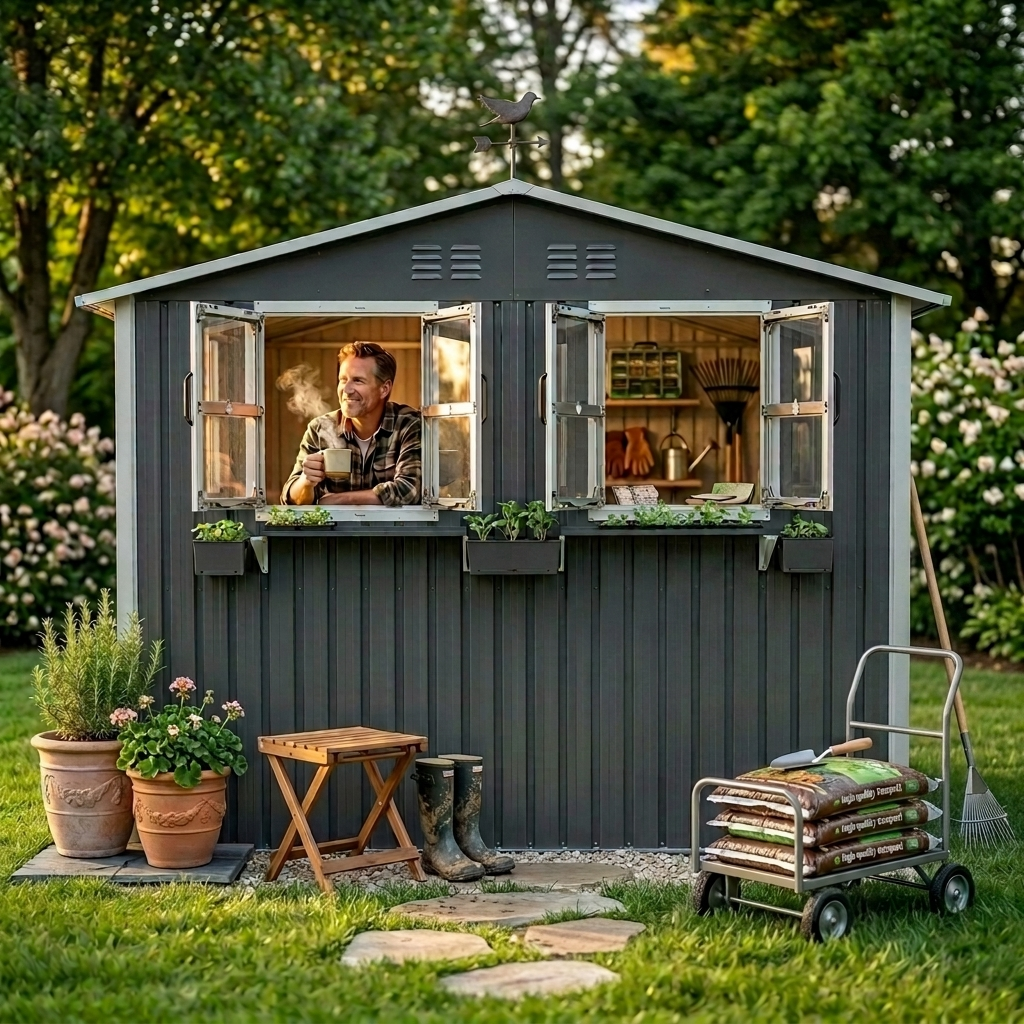 9x6 FT Metal Storage Shed – Lockable Doors, Window & Flower Rack, Coal Gray