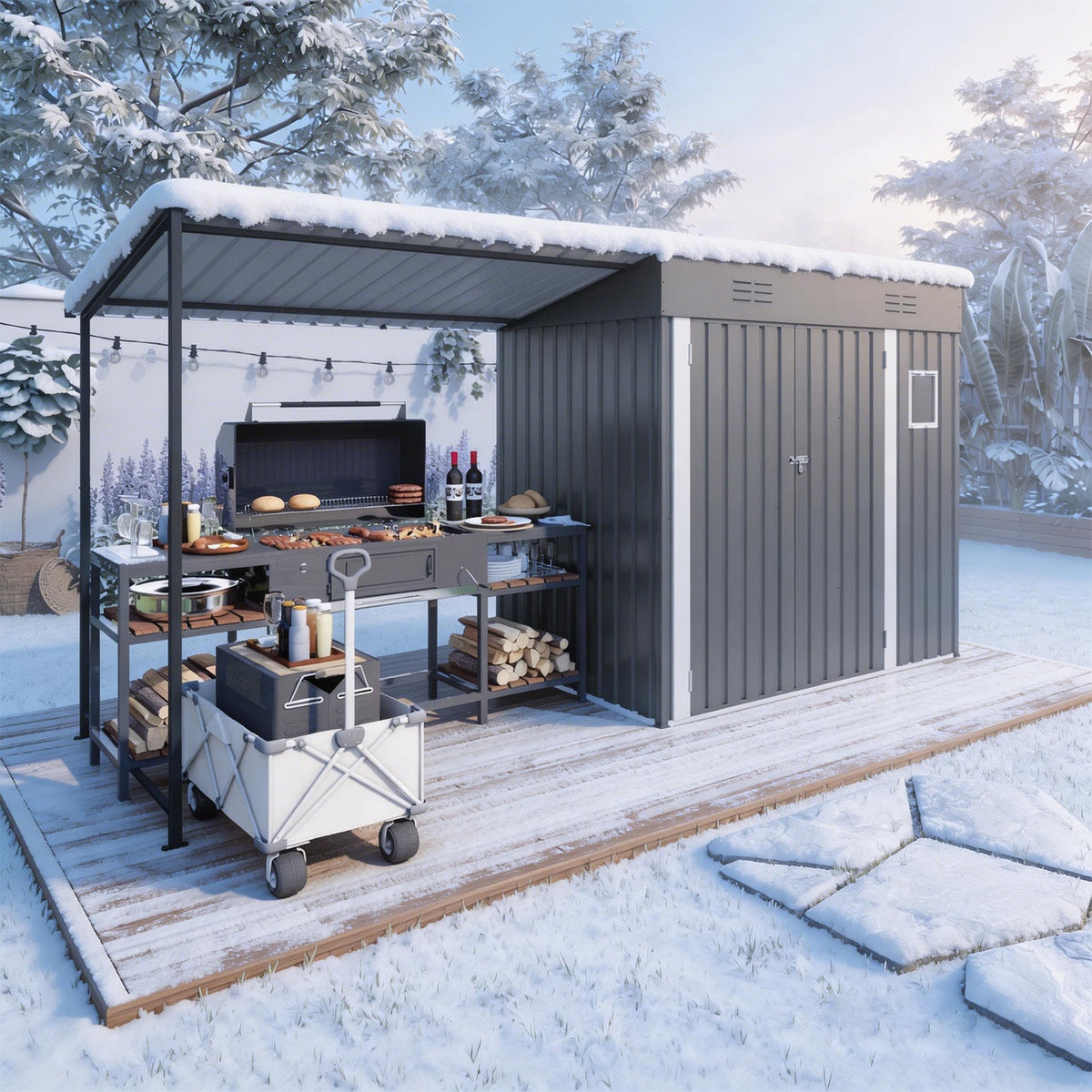 2-in-1 Metal Lean-To Storage Shed & Hardtop Pergola Combo, 12x4 ft – Gray